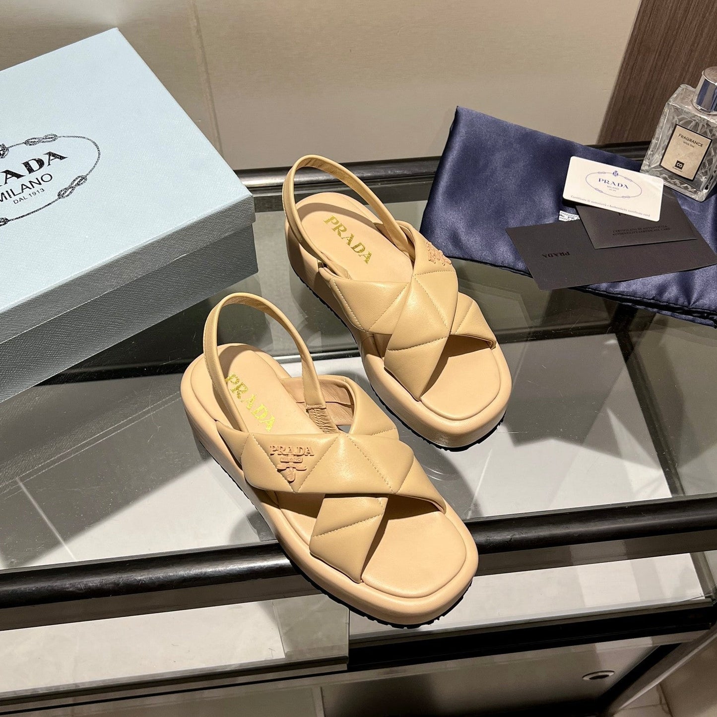 PRA PADDED CRISSCROSS SANDALS BEIGE LAMBSKIN - 35