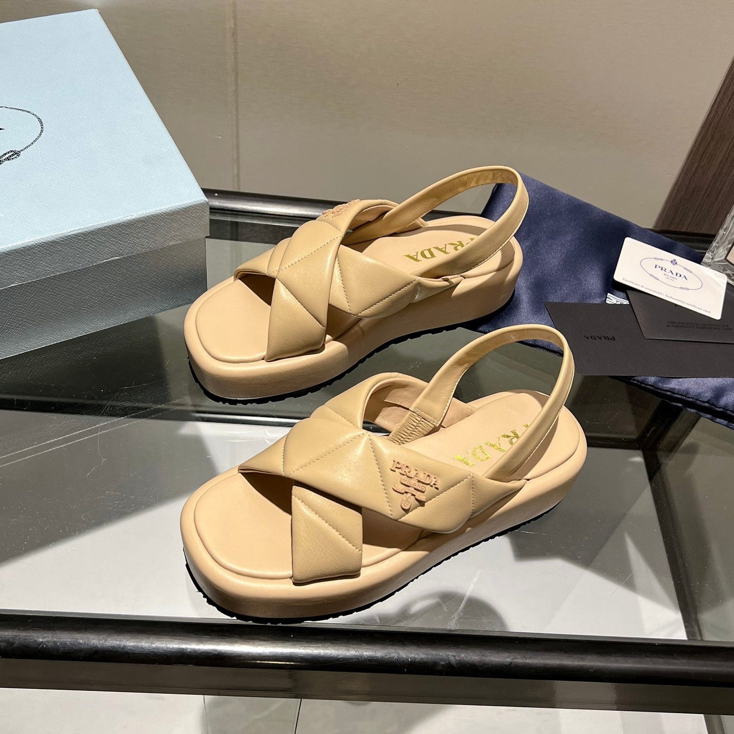 PRA PADDED CRISSCROSS SANDALS BEIGE LAMBSKIN - 35
