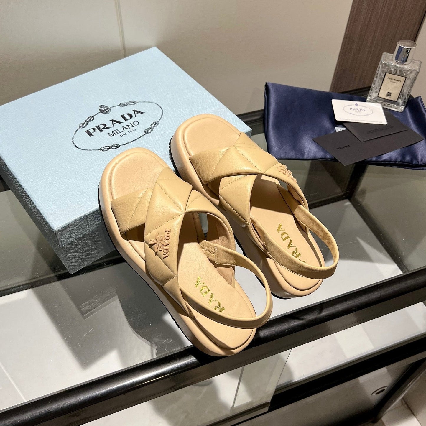 PRA PADDED CRISSCROSS SANDALS BEIGE LAMBSKIN - 35