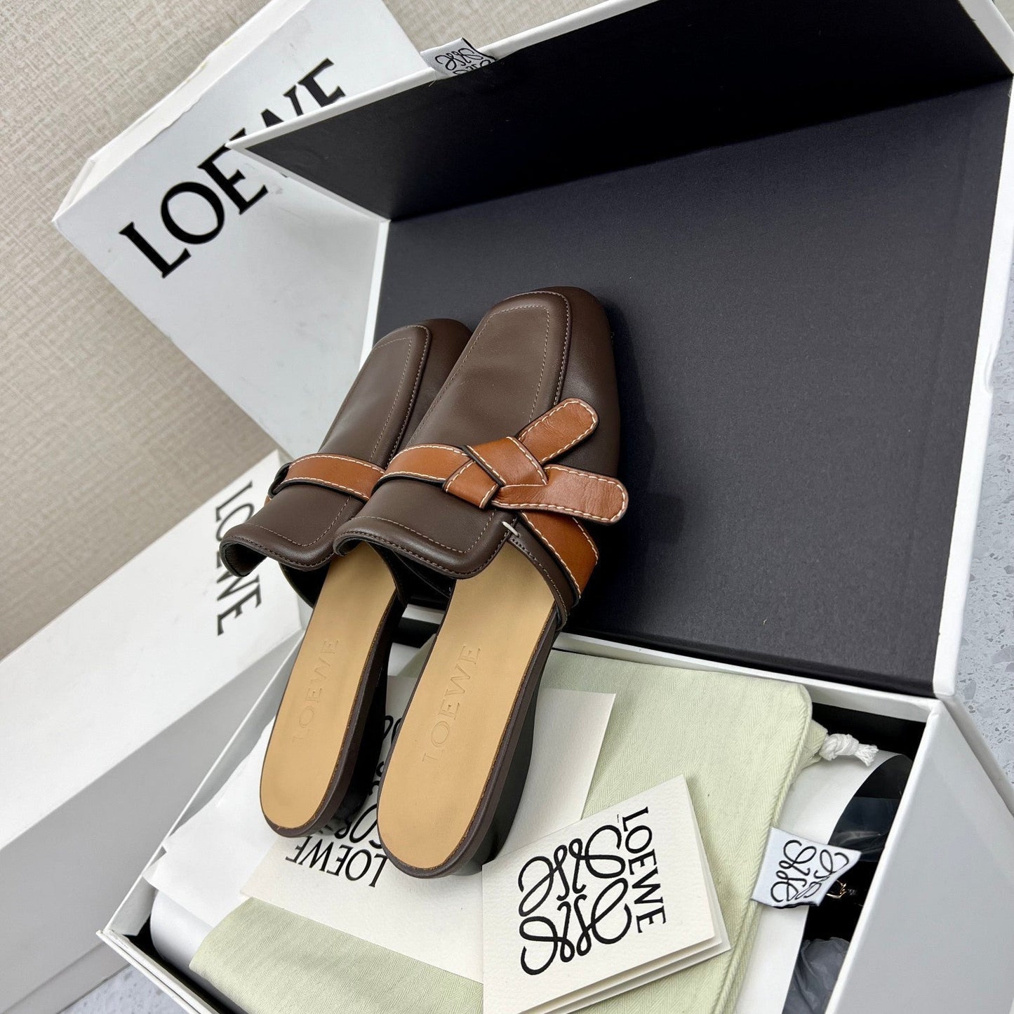 LW GATE BROWN BELTED MULE CHOCOLATE CALFSKIN - 35