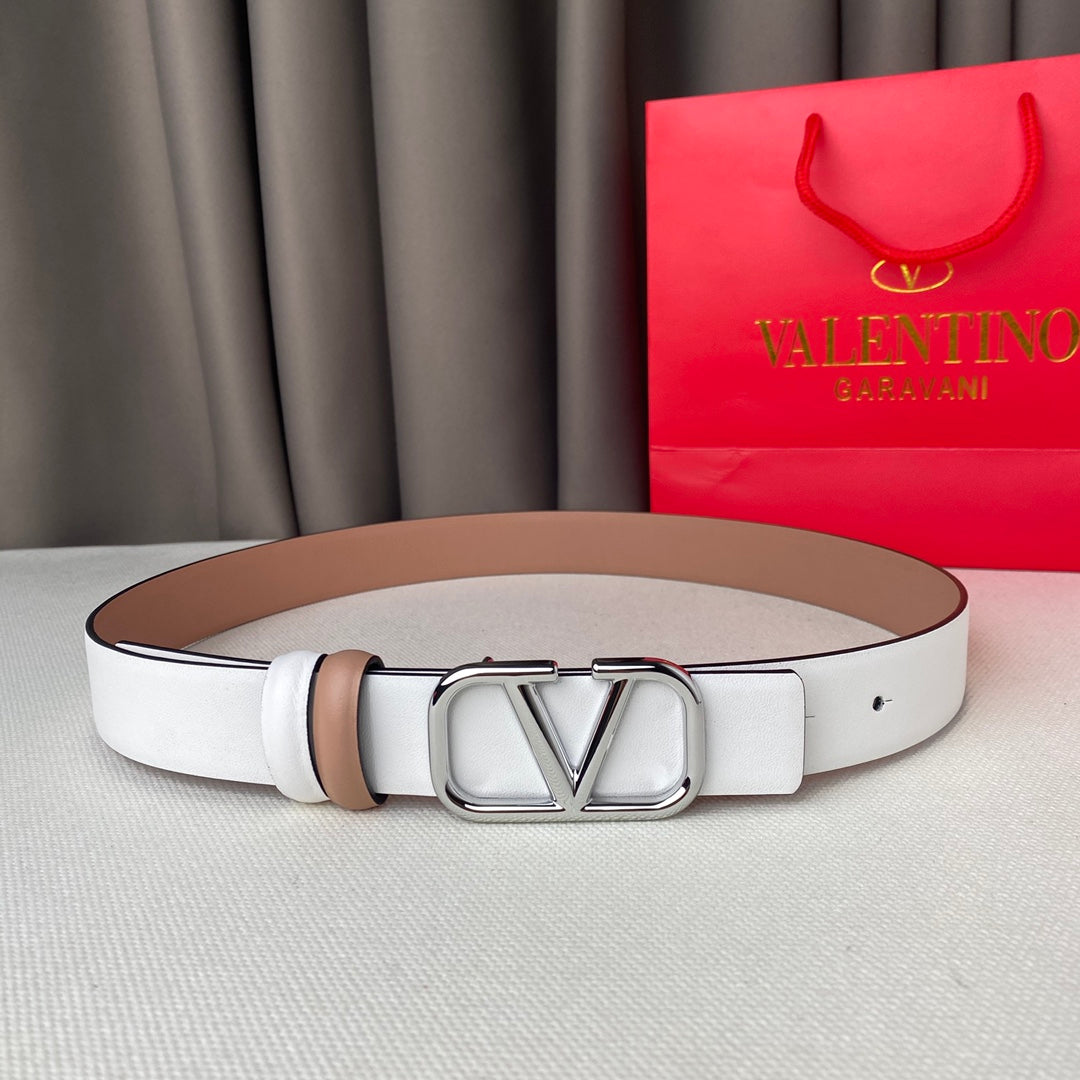 REVERSIBLE VLOGO SIGNATURE BELT IN GLOSSY BEIGE WHITE CALFSKIN SHW 30 MM - 30