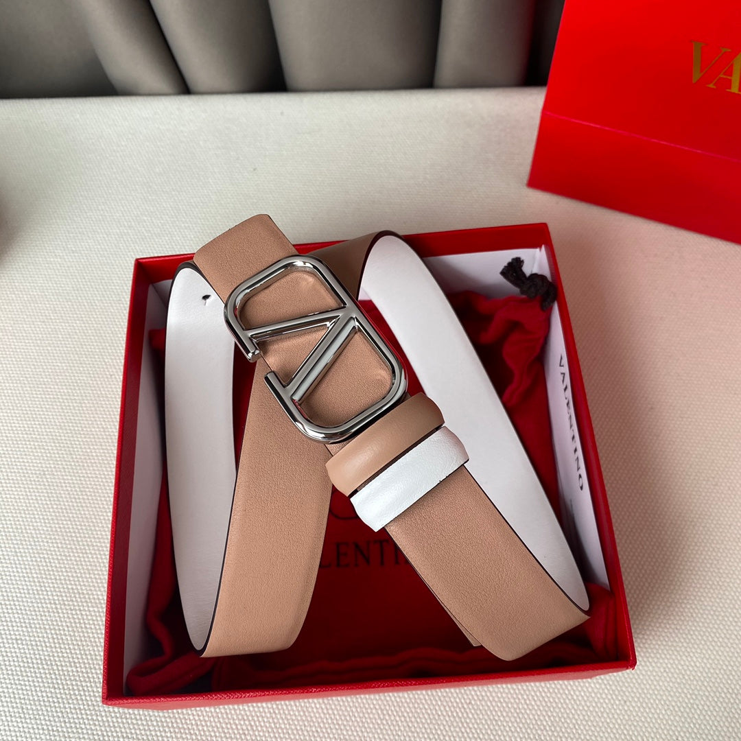 REVERSIBLE VLOGO SIGNATURE BELT IN GLOSSY BEIGE WHITE CALFSKIN SHW 30 MM - 30