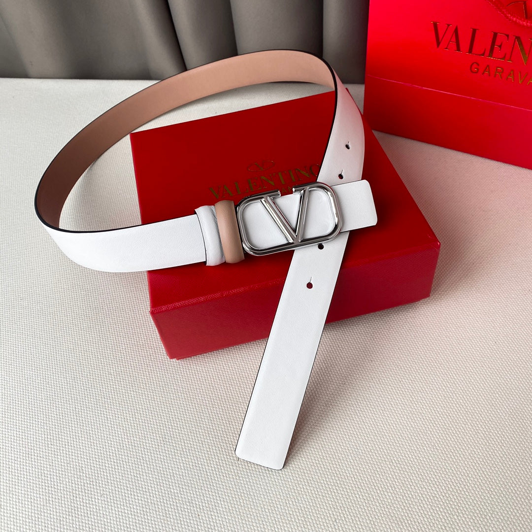 REVERSIBLE VLOGO SIGNATURE BELT IN GLOSSY BEIGE WHITE CALFSKIN SHW 30 MM - 30