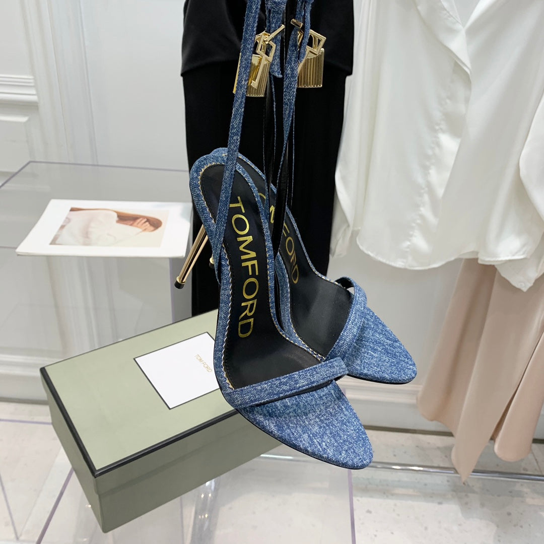 TOM FORD 26S GOLD BUCKLE HEELS 105 MM IN BLUE DENIM