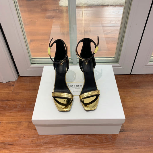 BALMAIN 25S UMA HEELED SANDALS 105MM IN GOLD CALFSKIN - 35