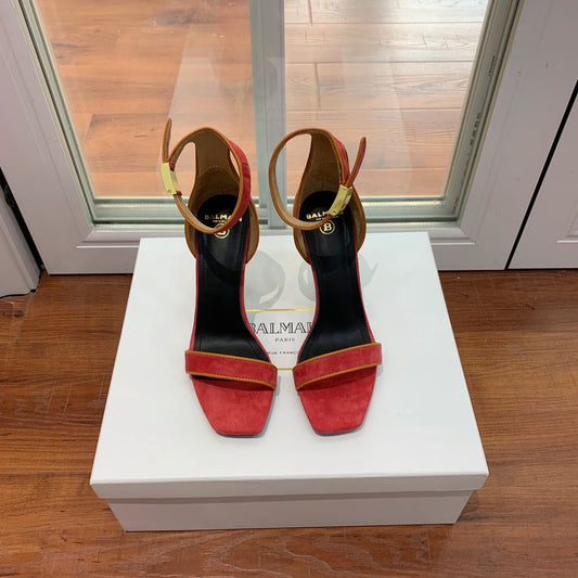 BALMAIN 25S UMA HEELED SANDALS 105MM IN RED SUEDE GOLD HARDWARE - 35