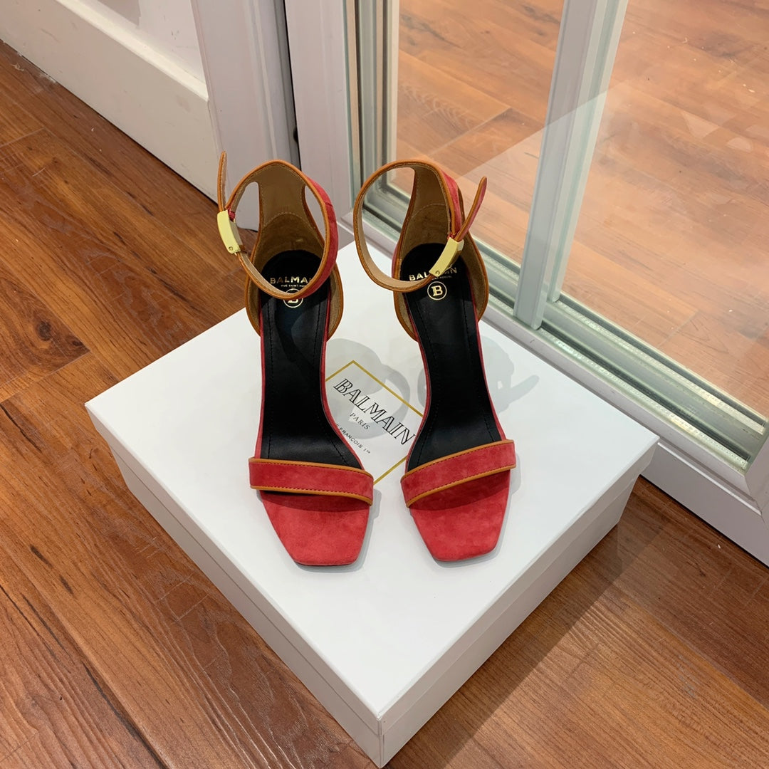 BALMAIN 25S UMA HEELED SANDALS 105MM IN RED SUEDE GOLD HARDWARE - 35