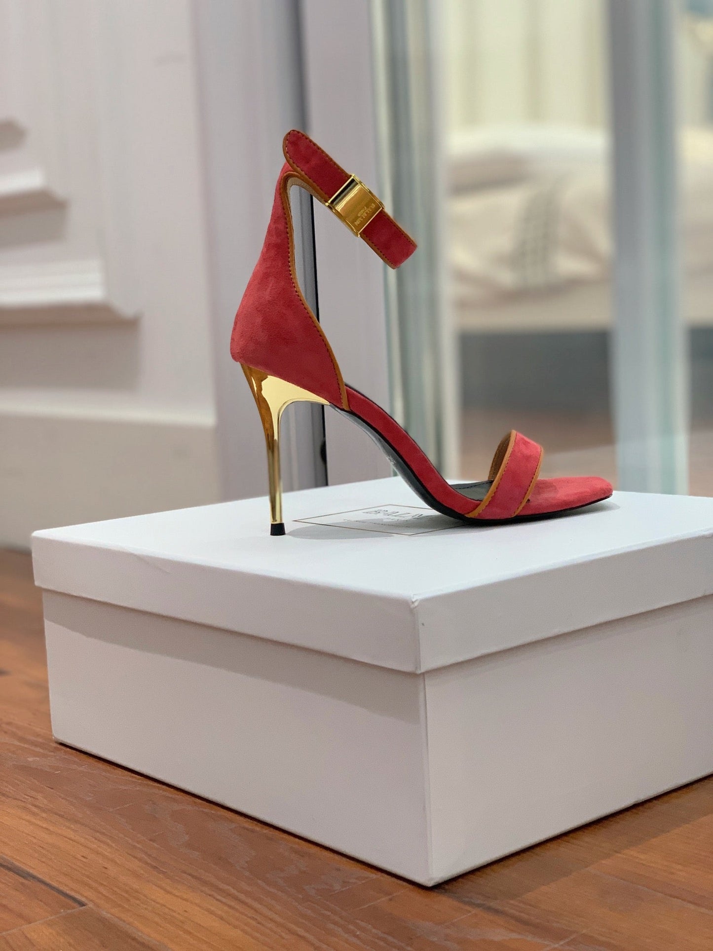 BALMAIN 25S UMA HEELED SANDALS 105MM IN RED SUEDE GOLD HARDWARE - 35