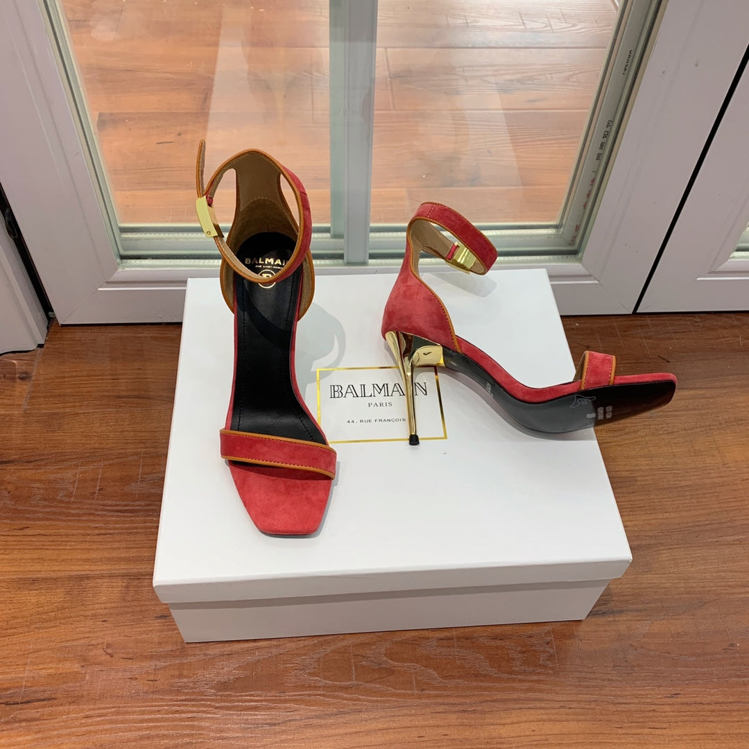 BALMAIN 25S UMA HEELED SANDALS 105MM IN RED SUEDE GOLD HARDWARE - 35