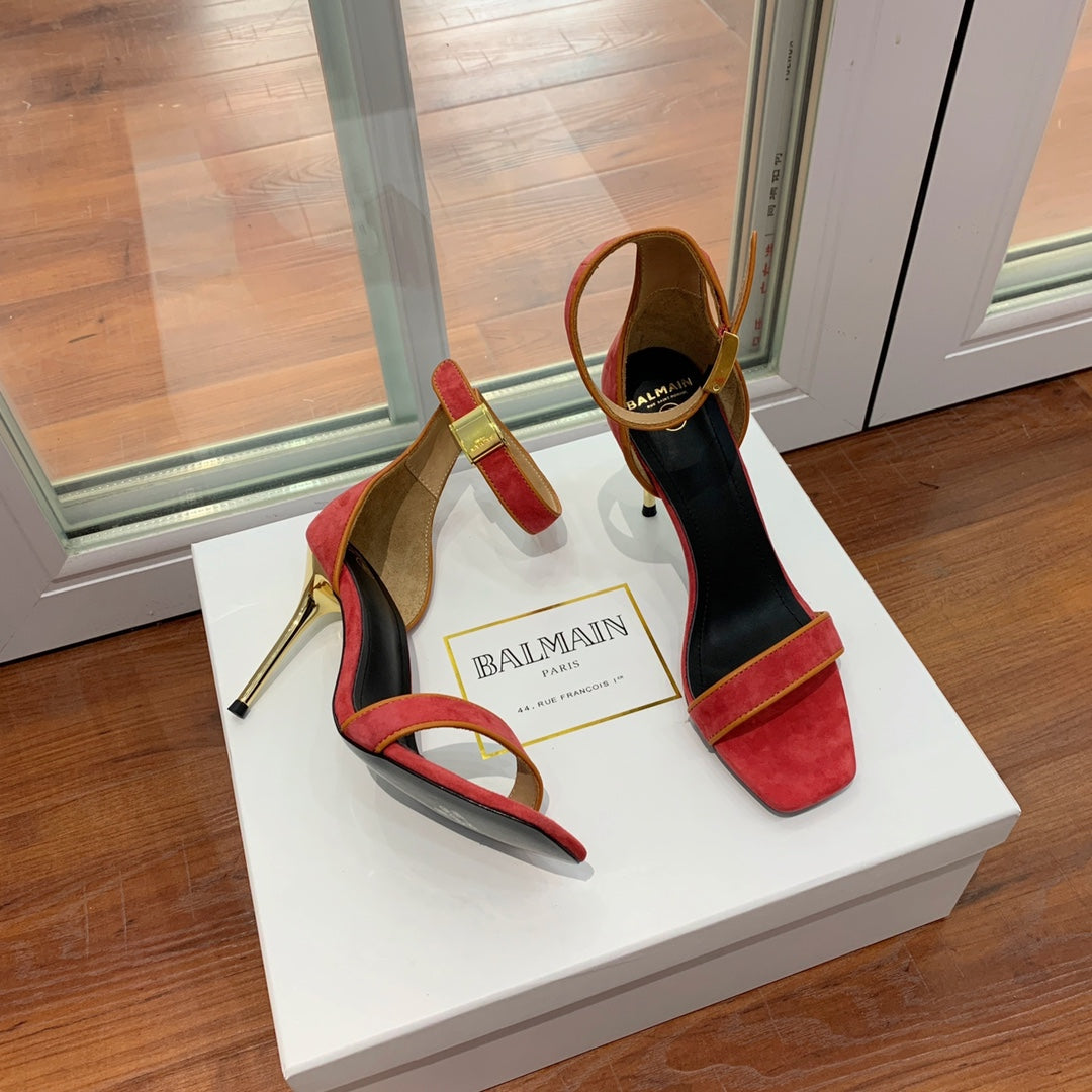 BALMAIN 25S UMA HEELED SANDALS 105MM IN RED SUEDE GOLD HARDWARE - 35