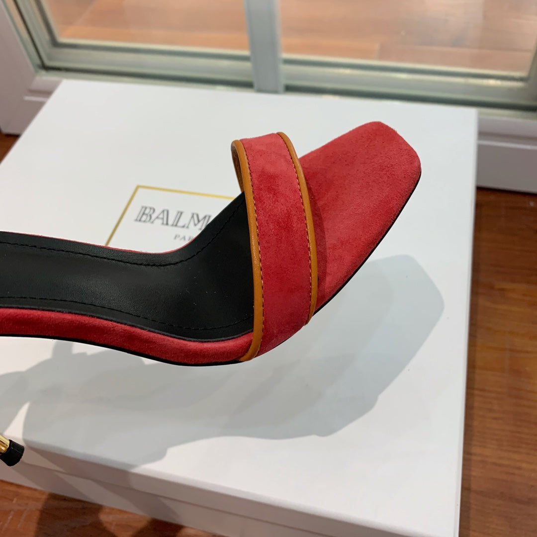 BALMAIN 25S UMA HEELED SANDALS 105MM IN RED SUEDE GOLD HARDWARE - 35