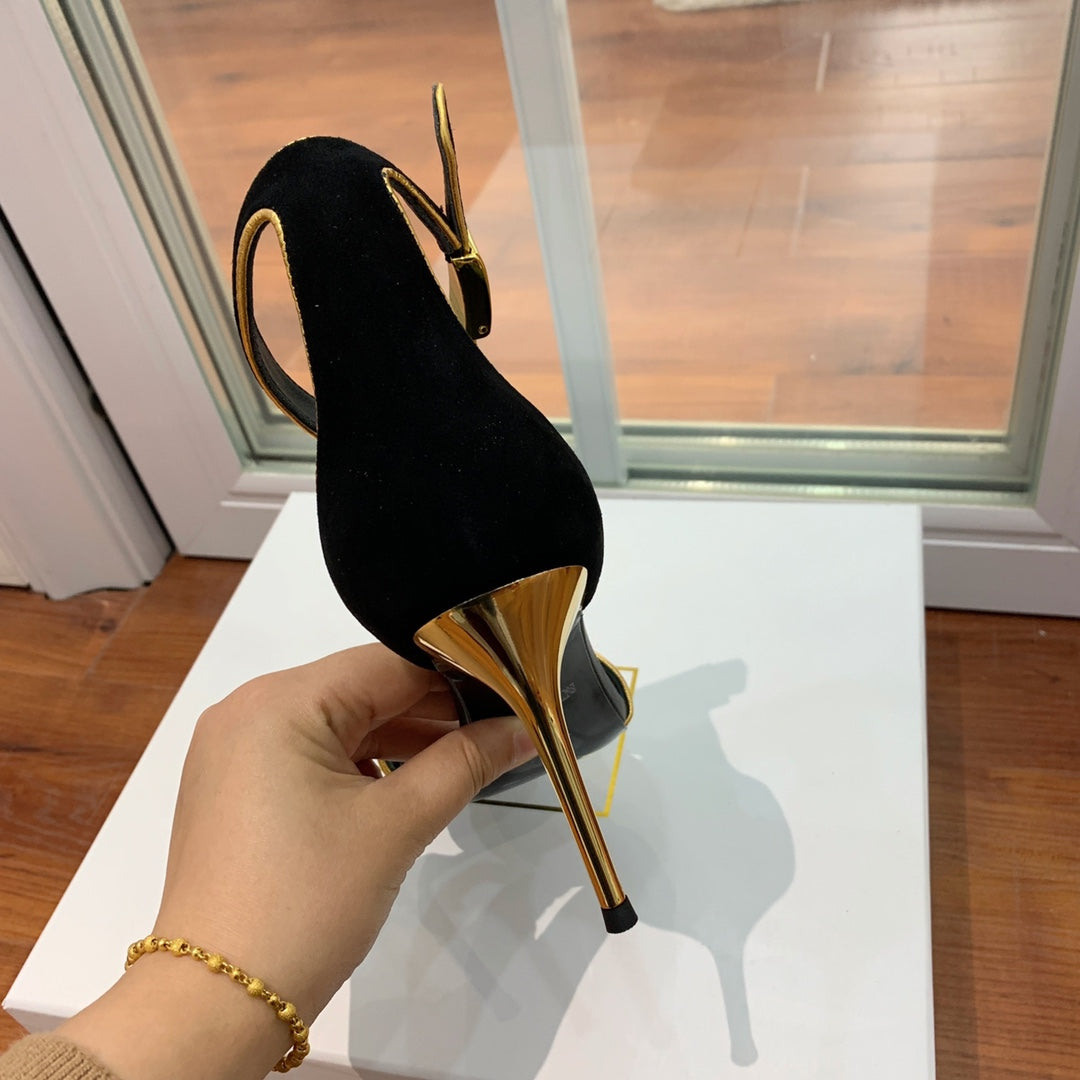 BALMAIN 25S UMA HEELED SANDALS 105MM IN BLACK SUEDE GOLD HARDWARE - 35