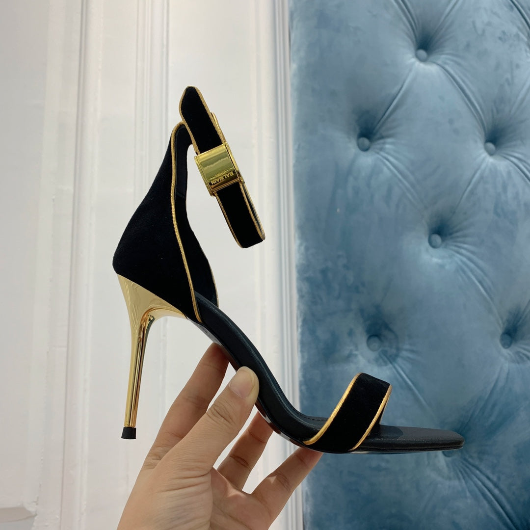 BALMAIN 25S UMA HEELED SANDALS 105MM IN BLACK SUEDE GOLD HARDWARE - 35