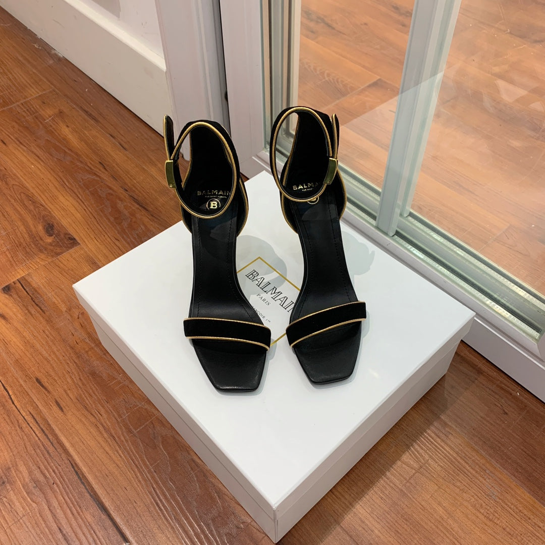 BALMAIN 25S UMA HEELED SANDALS 105MM IN BLACK SUEDE GOLD HARDWARE - 35