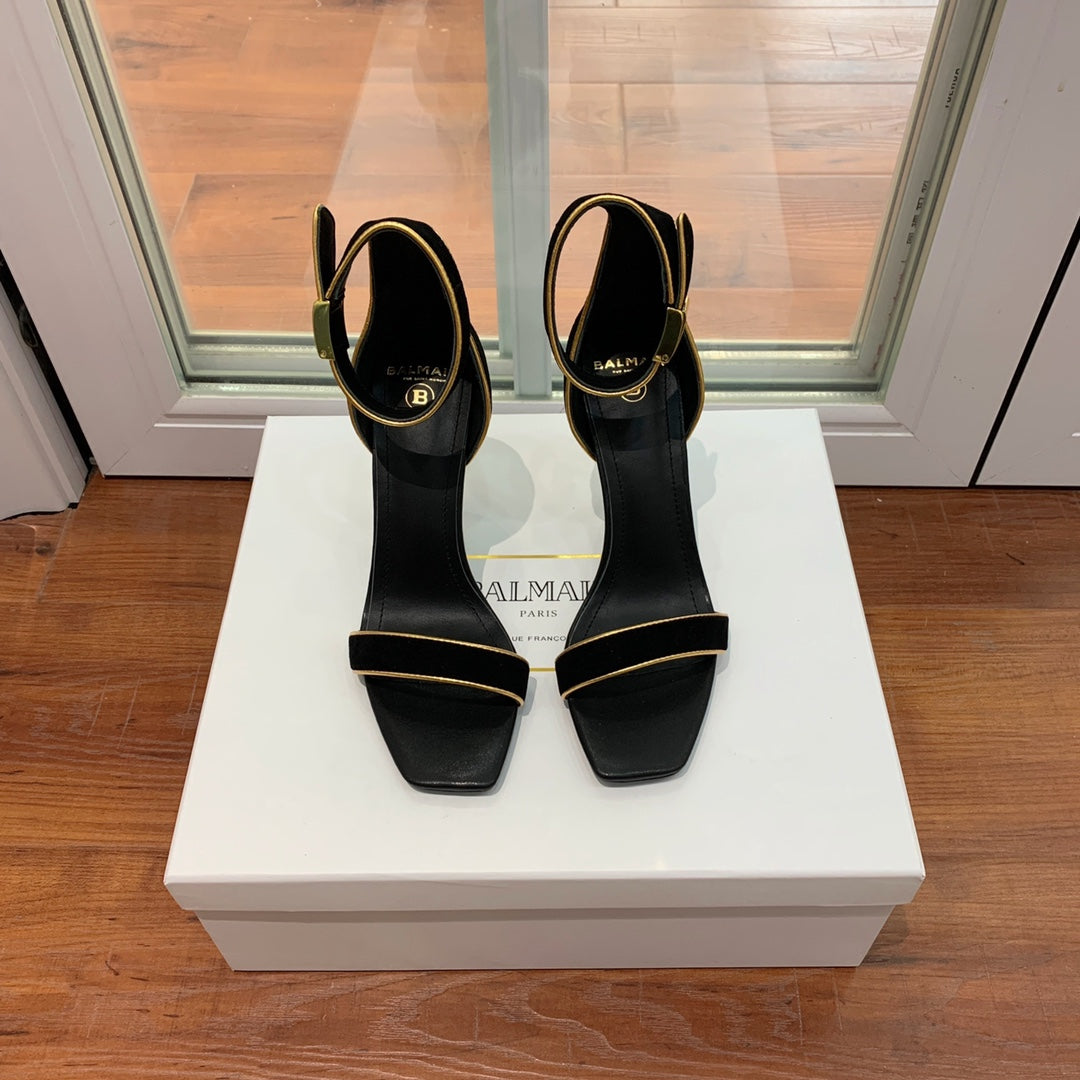 BALMAIN 25S UMA HEELED SANDALS 105MM IN BLACK SUEDE GOLD HARDWARE - 35