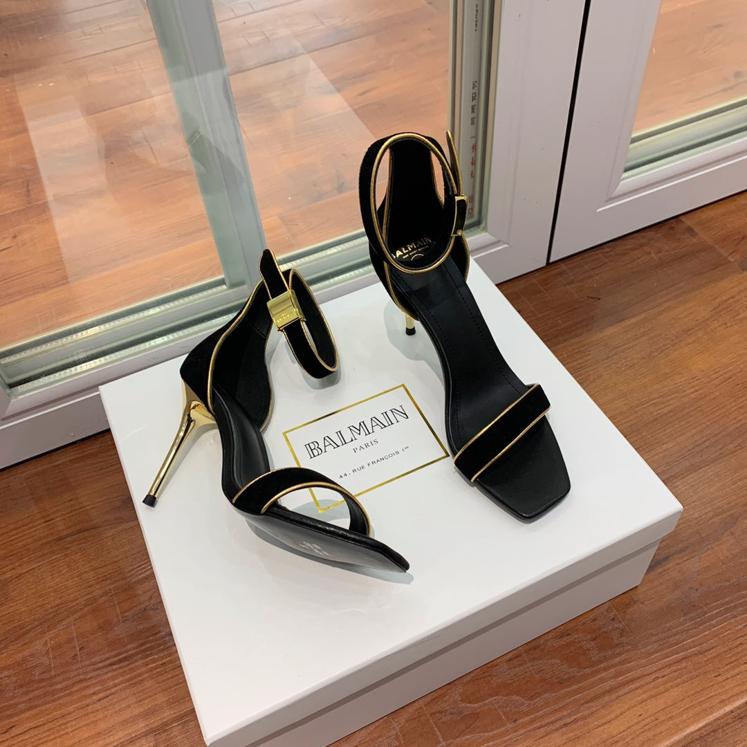 BALMAIN 25S UMA HEELED SANDALS 105MM IN BLACK SUEDE GOLD HARDWARE - 35
