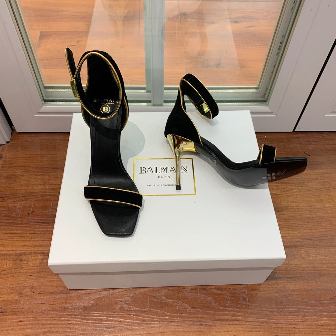 BALMAIN 25S UMA HEELED SANDALS 105MM IN BLACK SUEDE GOLD HARDWARE - 35
