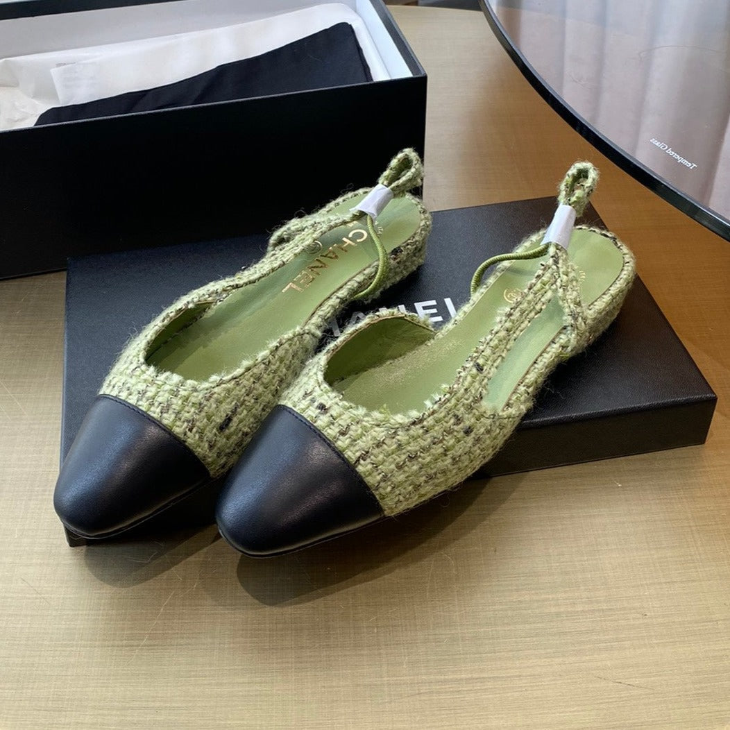 SLINGBACKS IN LIGHT GREEN FABRIC AND BLACK CALFSKIN - 35