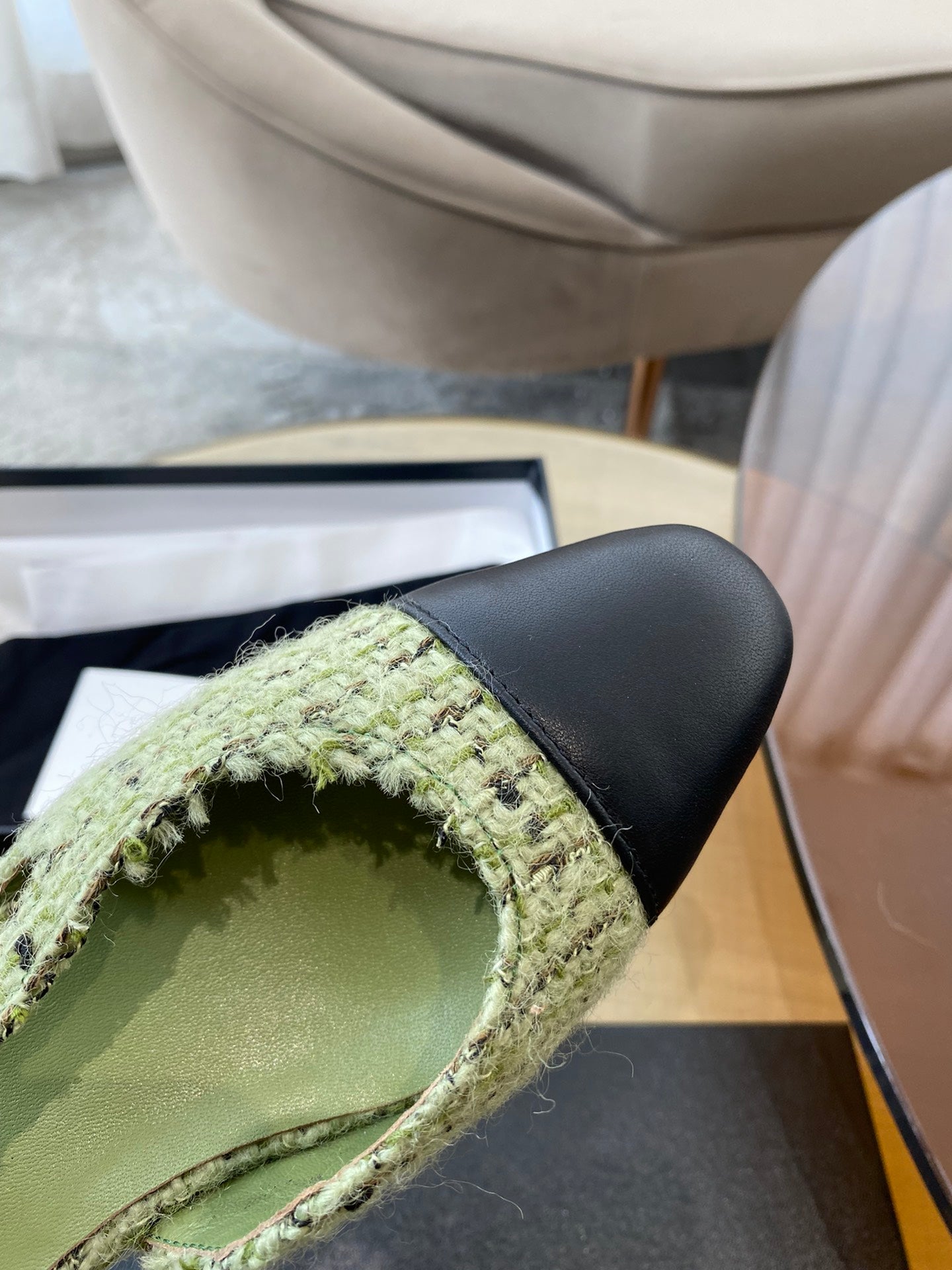 SLINGBACKS IN LIGHT GREEN FABRIC AND BLACK CALFSKIN - 35