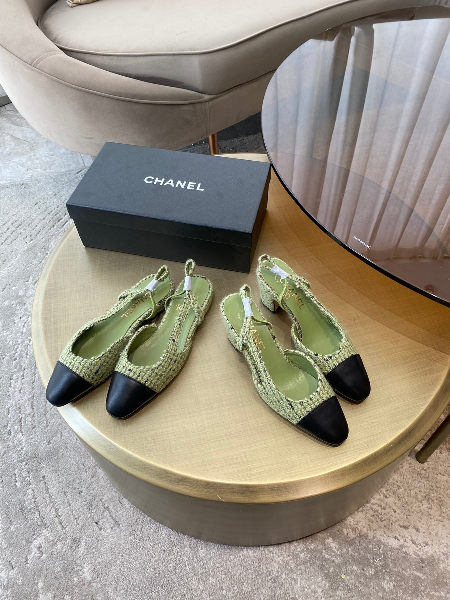 SLINGBACKS IN LIGHT GREEN FABRIC AND BLACK CALFSKIN - 35