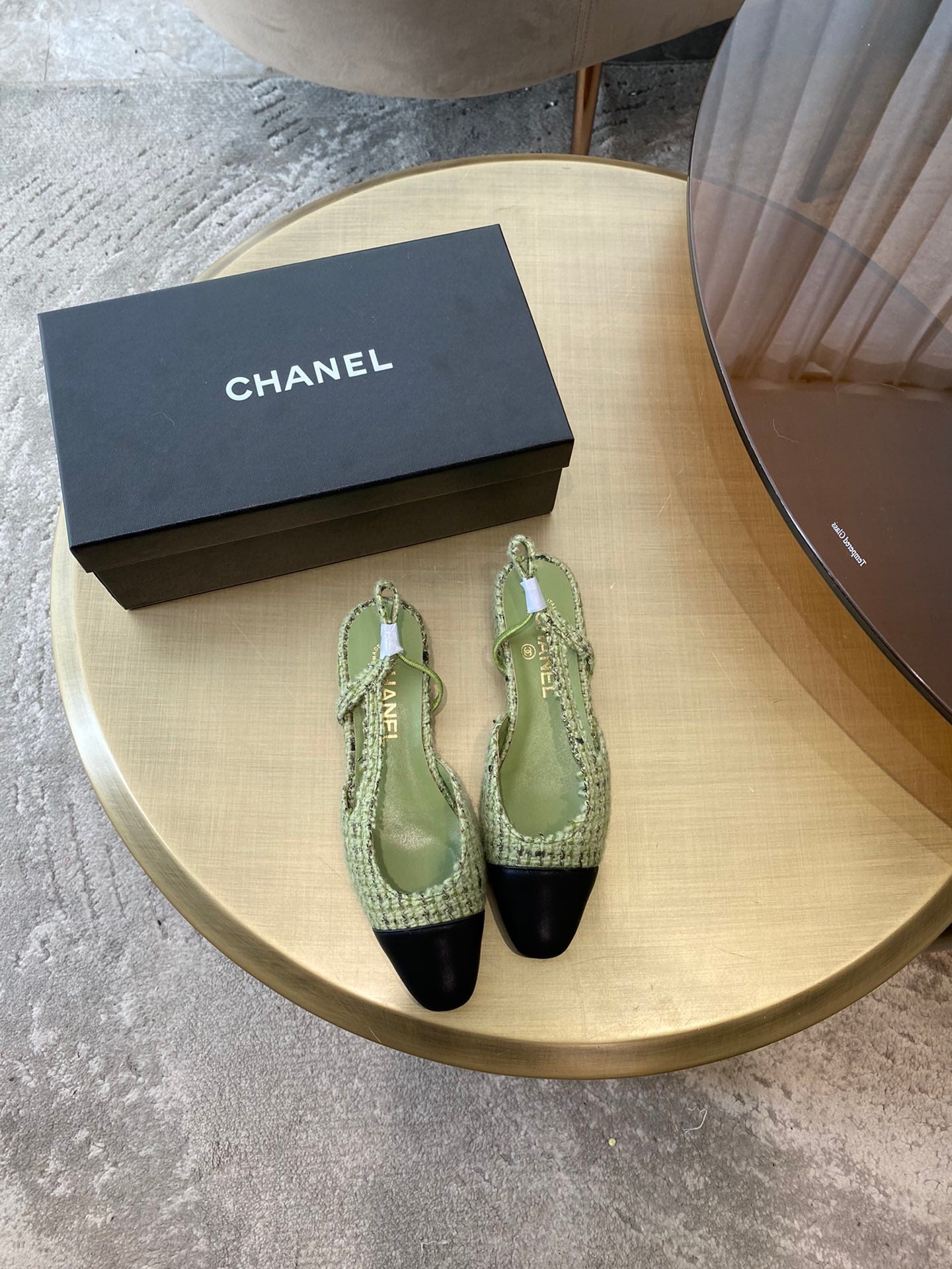 SLINGBACKS IN LIGHT GREEN FABRIC AND BLACK CALFSKIN - 35
