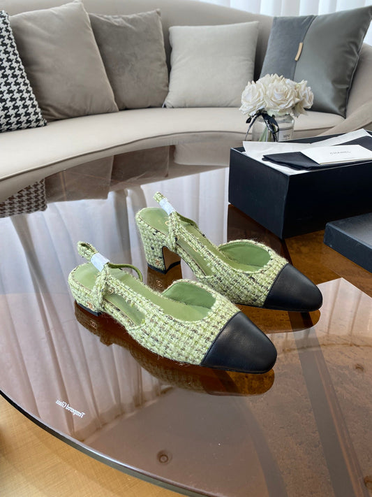SLINGBACKS IN LIGHT GREEN FABRIC AND BLACK CALFSKIN - 35