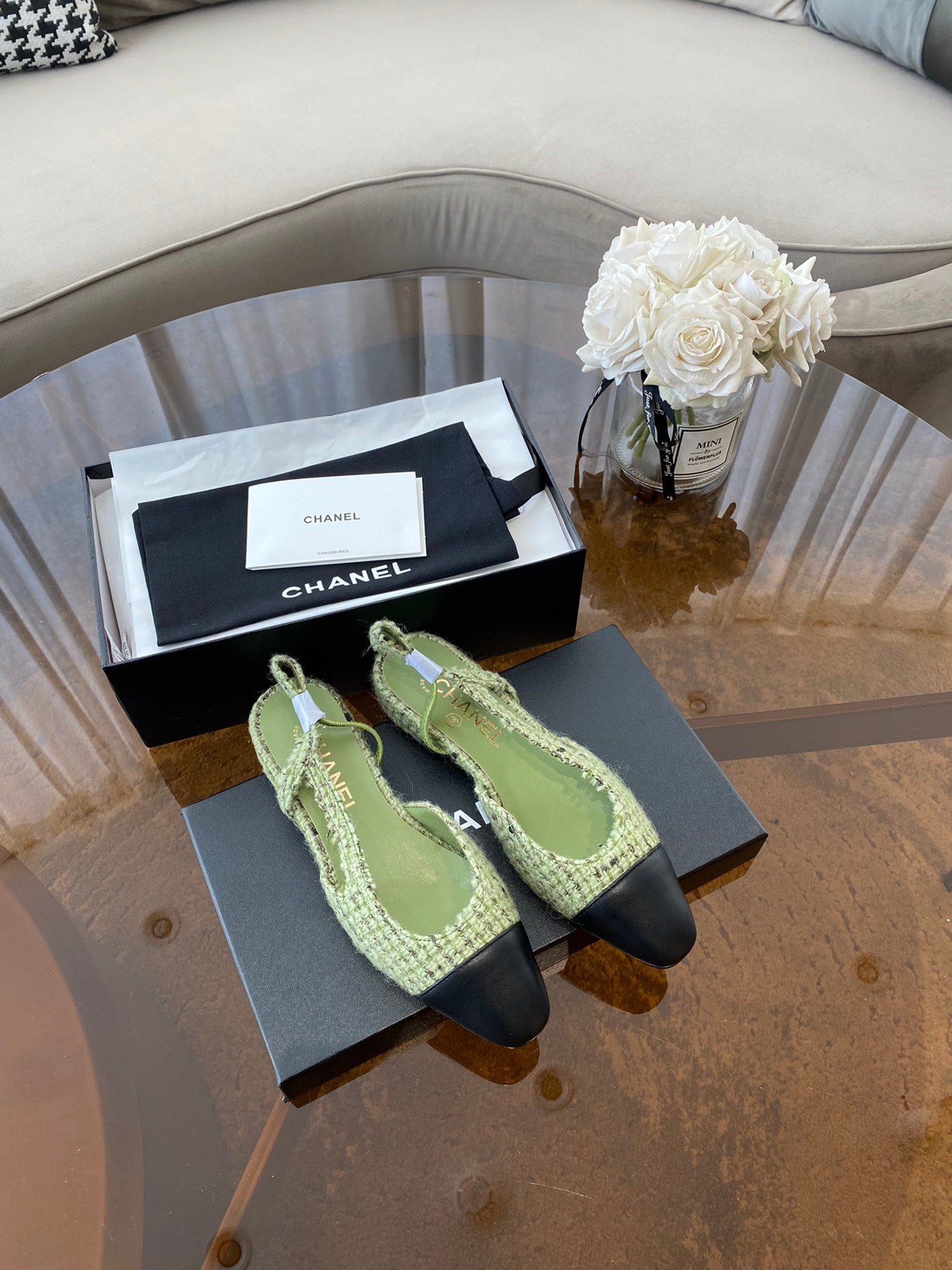 SLINGBACKS IN LIGHT GREEN FABRIC AND BLACK CALFSKIN - 35