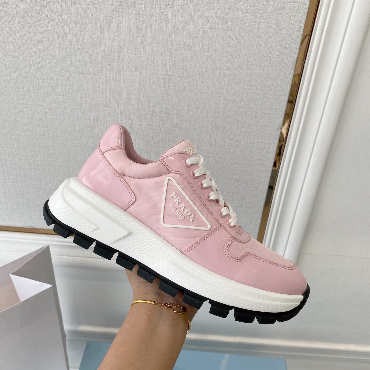 PRADA 25S THICK SOLE SNEAKER IN LIGHT PINK CALFSKIN AND CANVAS - 34