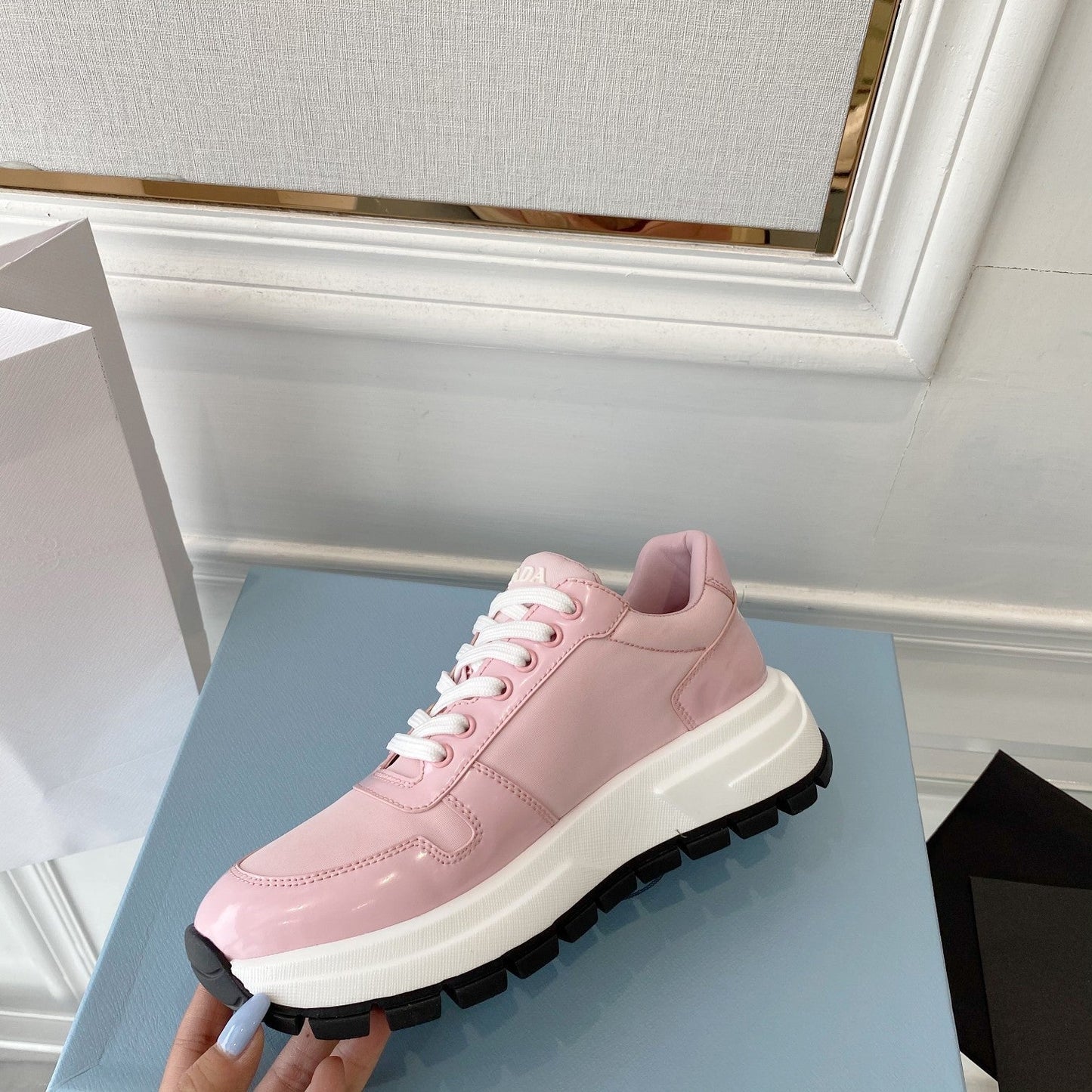 PRADA 25S THICK SOLE SNEAKER IN LIGHT PINK CALFSKIN AND CANVAS - 34