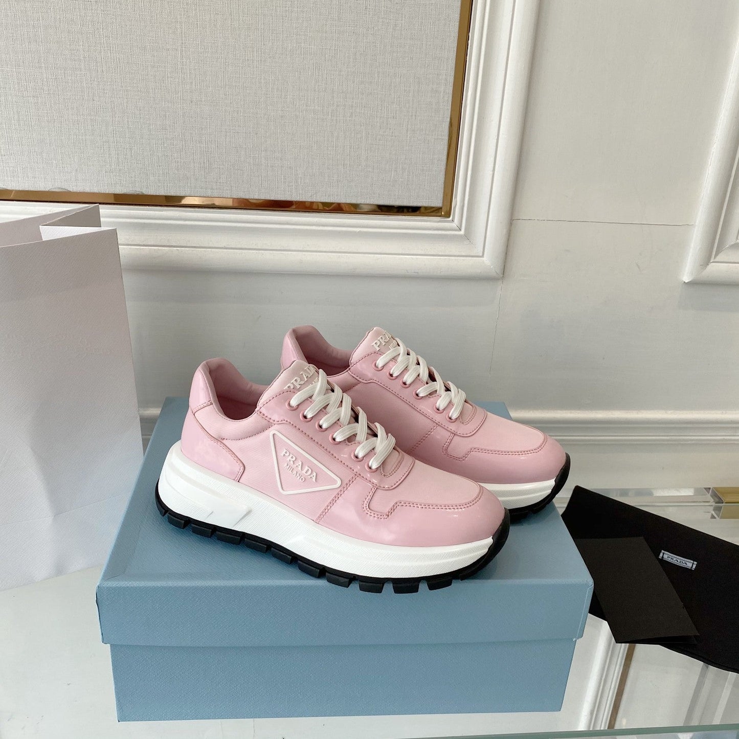 PRADA 25S THICK SOLE SNEAKER IN LIGHT PINK CALFSKIN AND CANVAS - 34