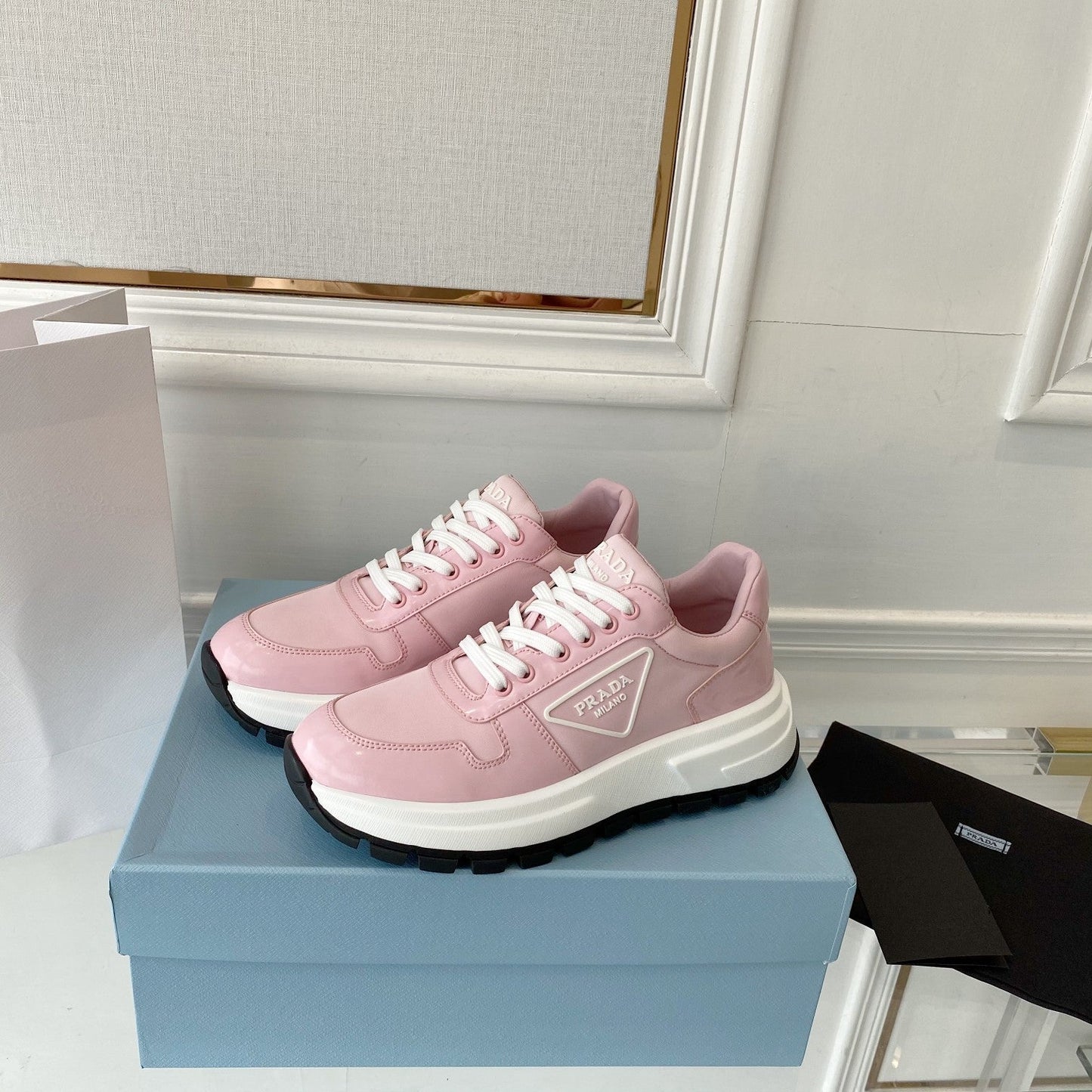 PRADA 25S THICK SOLE SNEAKER IN LIGHT PINK CALFSKIN AND CANVAS - 34