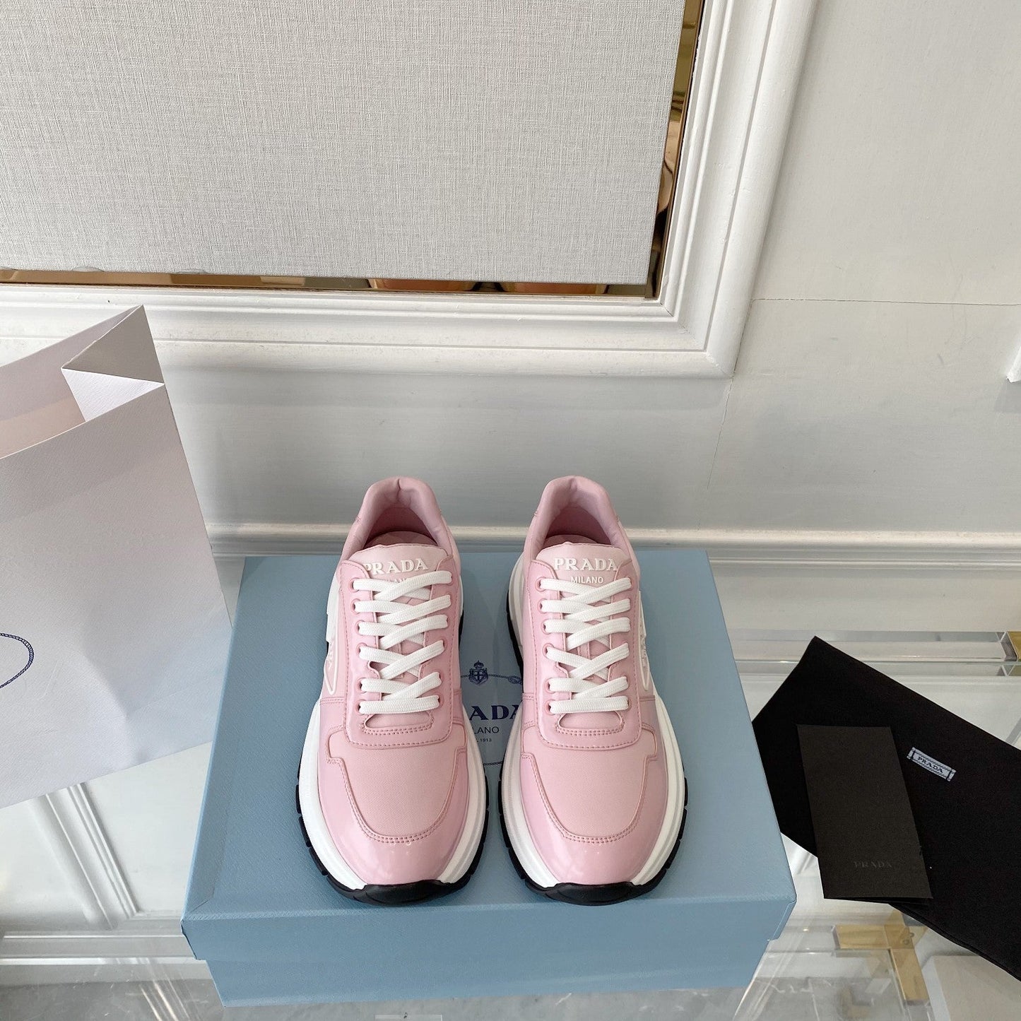 PRADA 25S THICK SOLE SNEAKER IN LIGHT PINK CALFSKIN AND CANVAS - 34