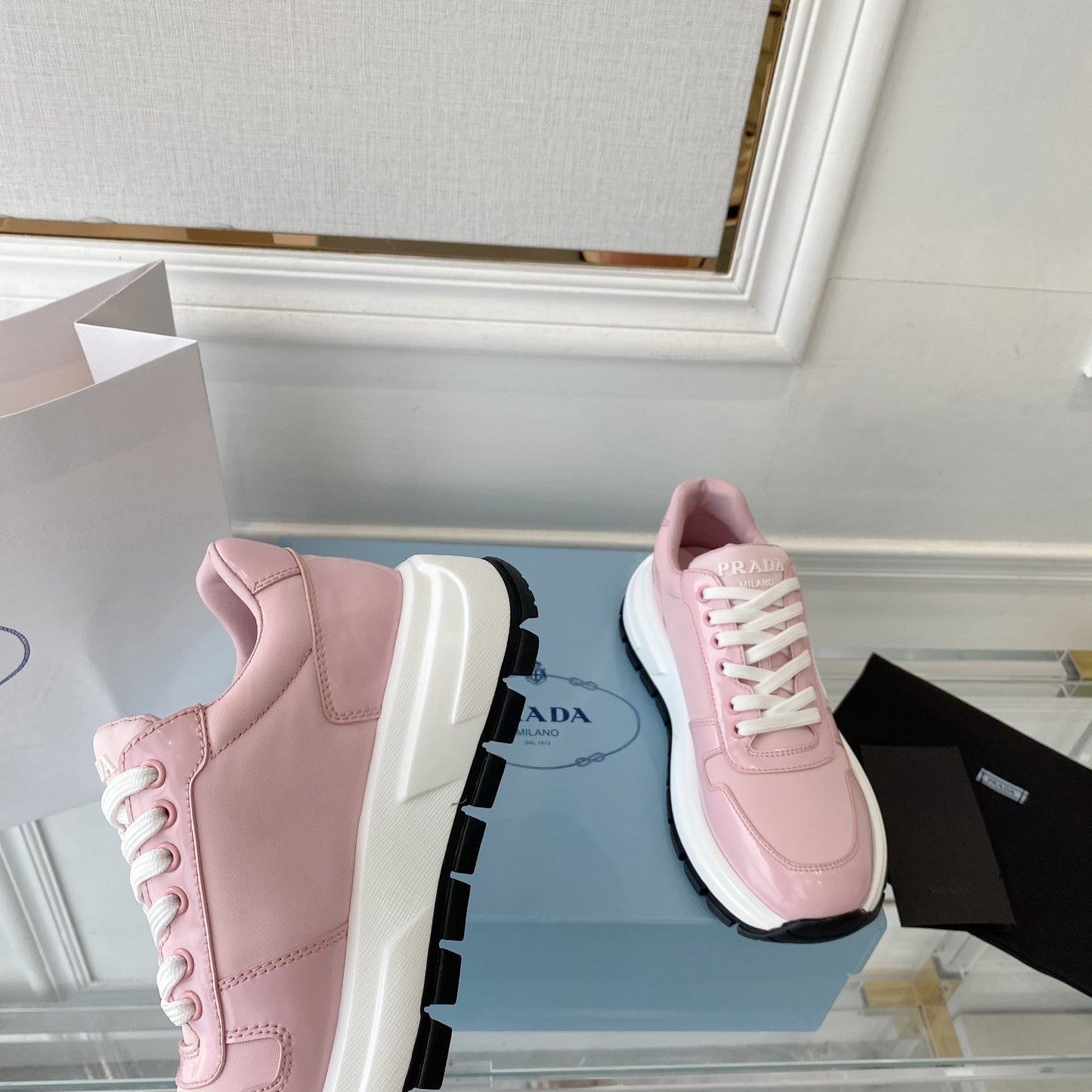 PRADA 25S THICK SOLE SNEAKER IN LIGHT PINK CALFSKIN AND CANVAS - 34