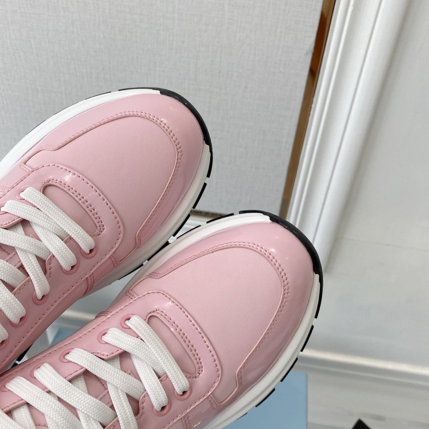PRADA 25S THICK SOLE SNEAKER IN LIGHT PINK CALFSKIN AND CANVAS - 34