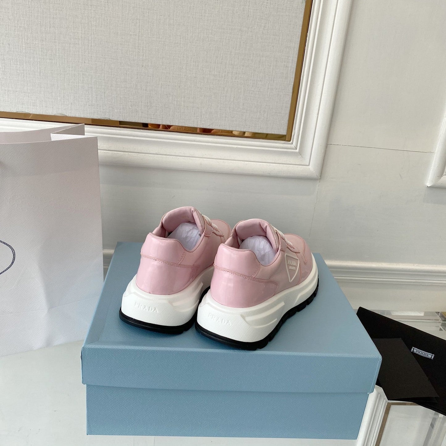 PRADA 25S THICK SOLE SNEAKER IN LIGHT PINK CALFSKIN AND CANVAS - 34