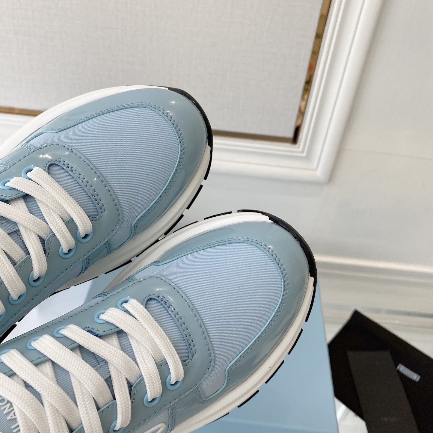 PRADA 25S THICK SOLE SNEAKER IN LIGHT BLUE CALFSKIN AND CANVAS - 34