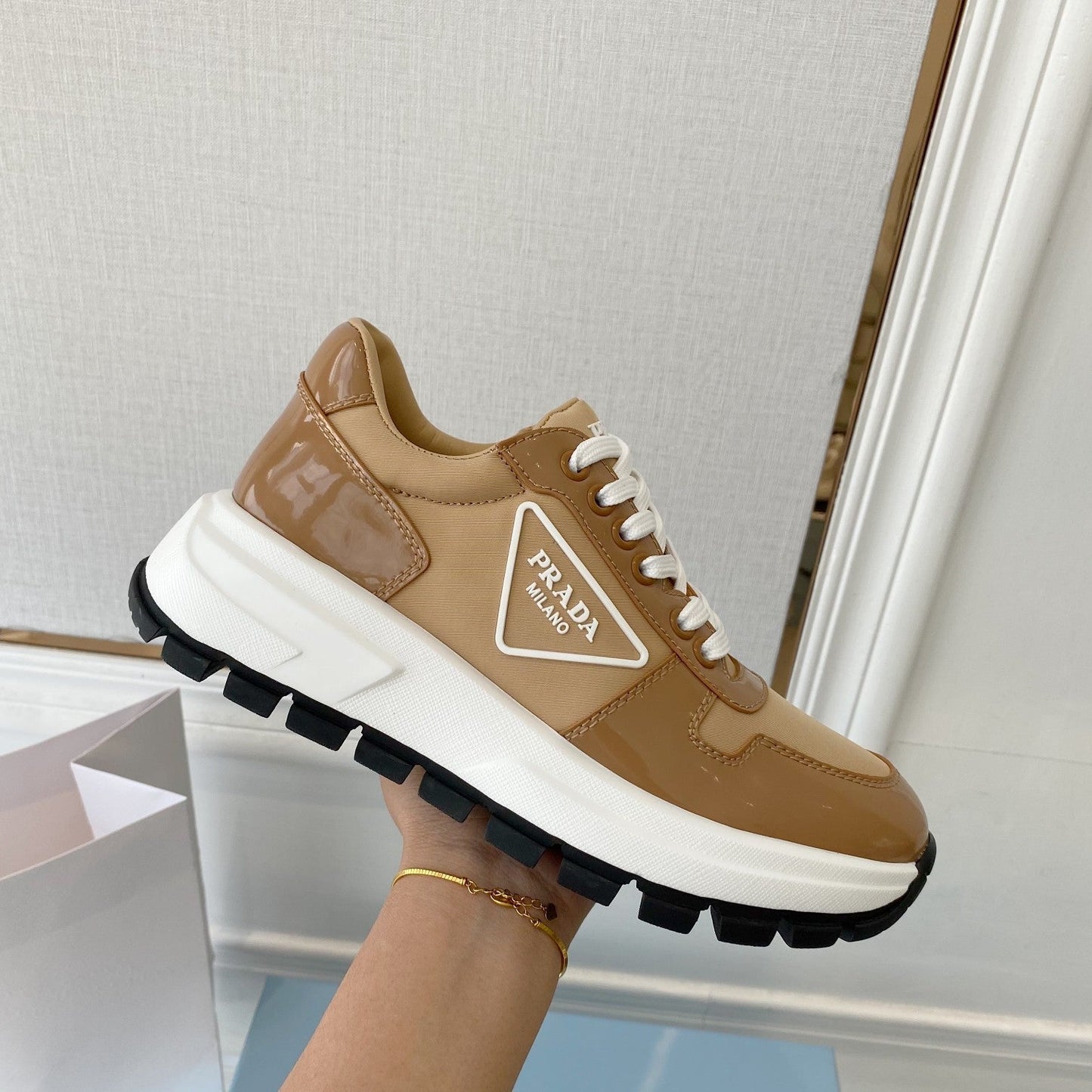 PRADA 25S THICK SOLE SNEAKER IN BROWN CALFSKIN AND CANVAS - 34