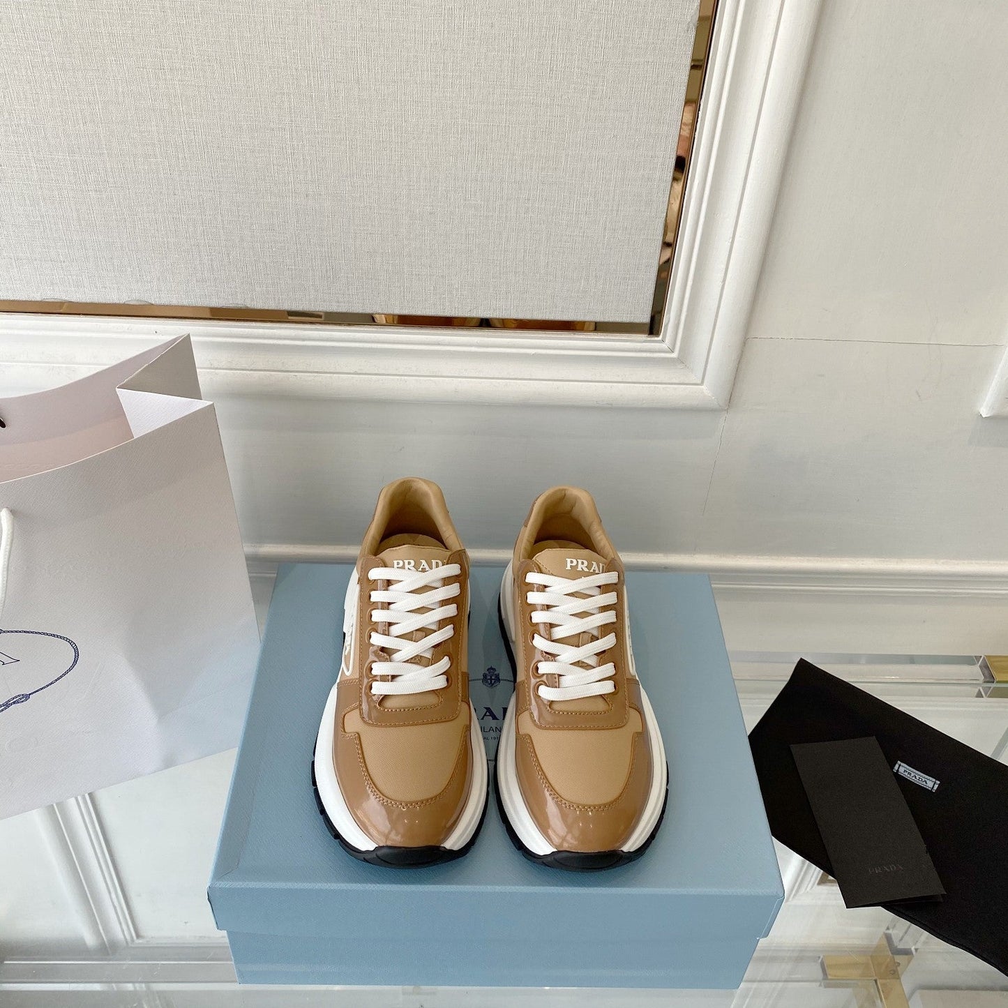 PRADA 25S THICK SOLE SNEAKER IN BROWN CALFSKIN AND CANVAS - 34