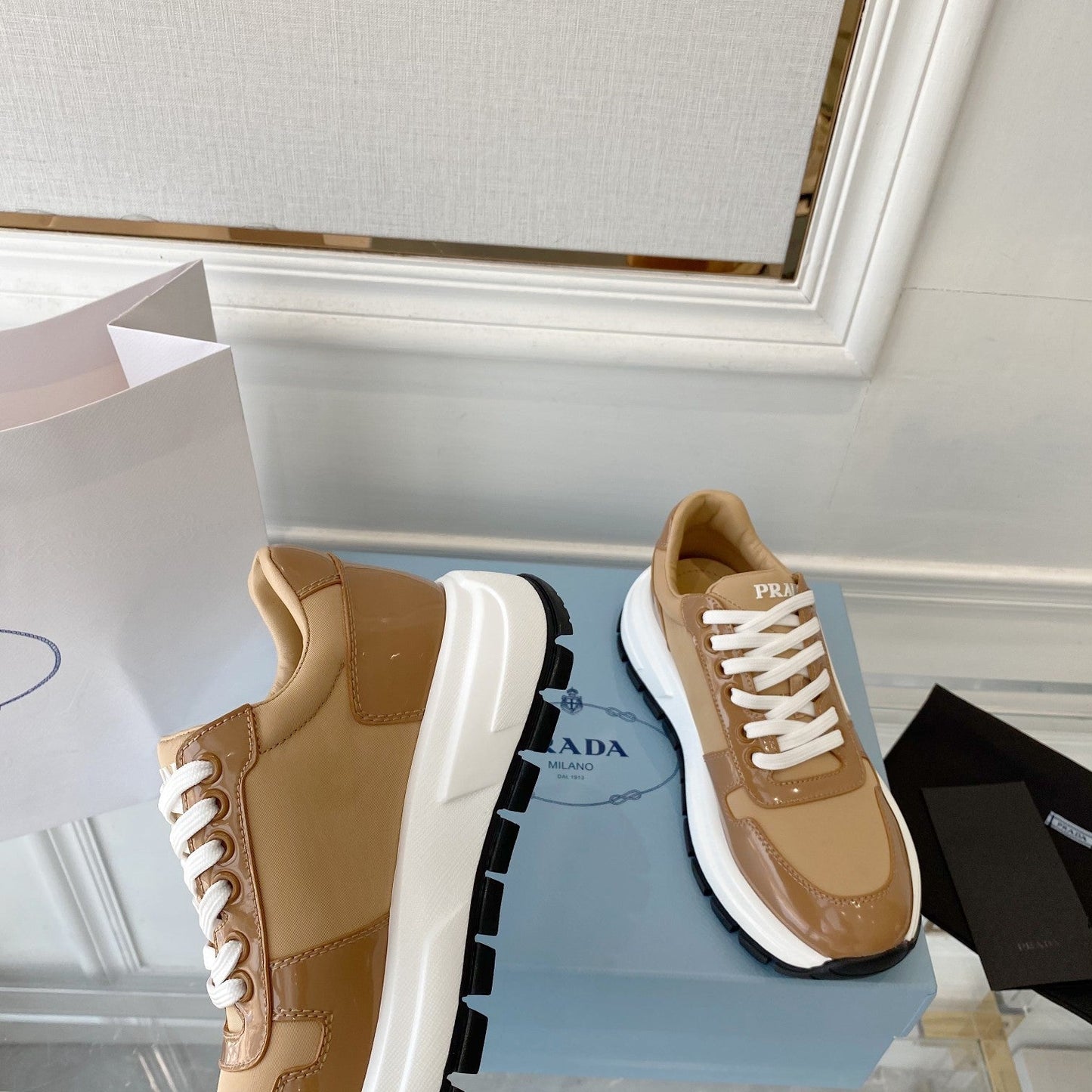PRADA 25S THICK SOLE SNEAKER IN BROWN CALFSKIN AND CANVAS - 34