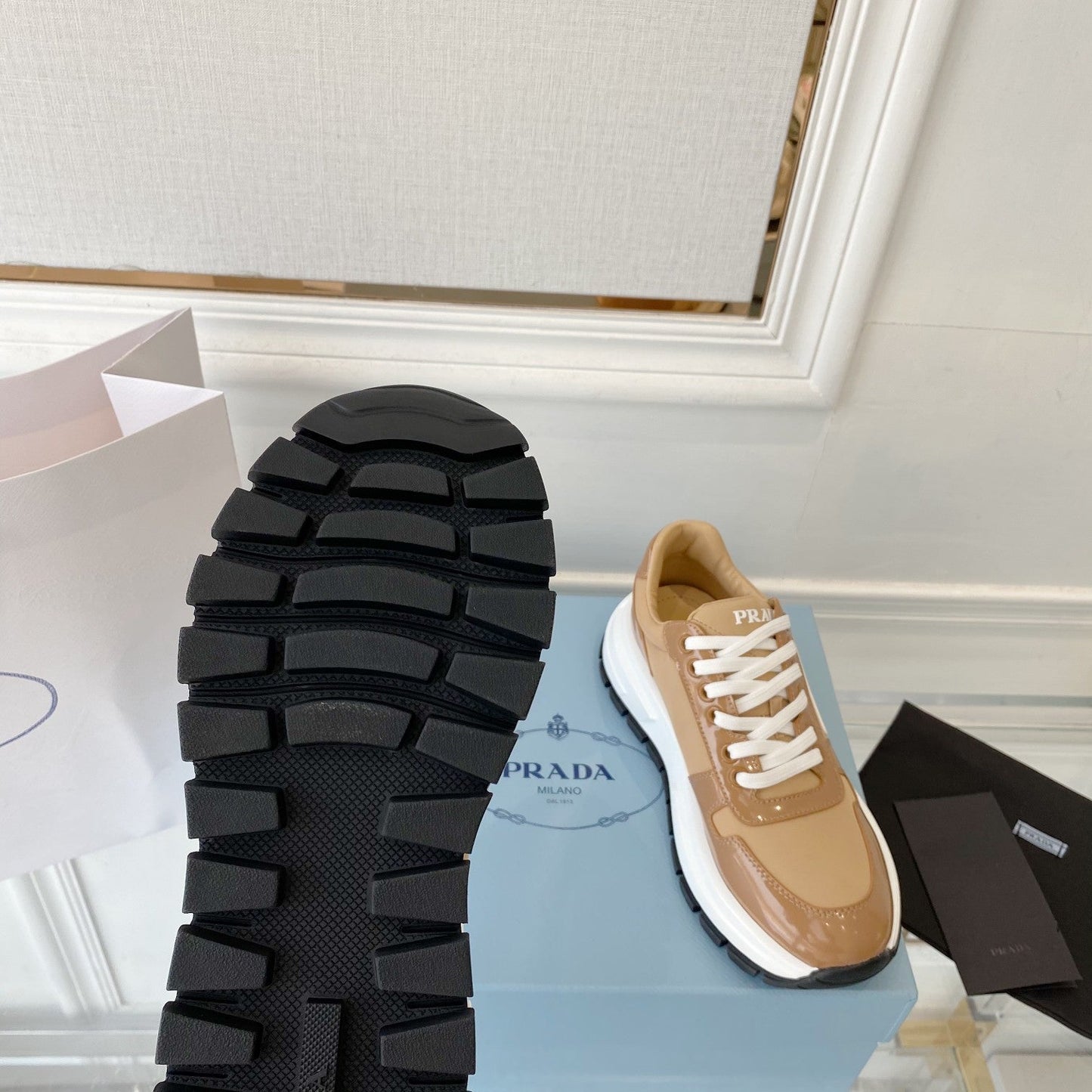 PRADA 25S THICK SOLE SNEAKER IN BROWN CALFSKIN AND CANVAS - 34
