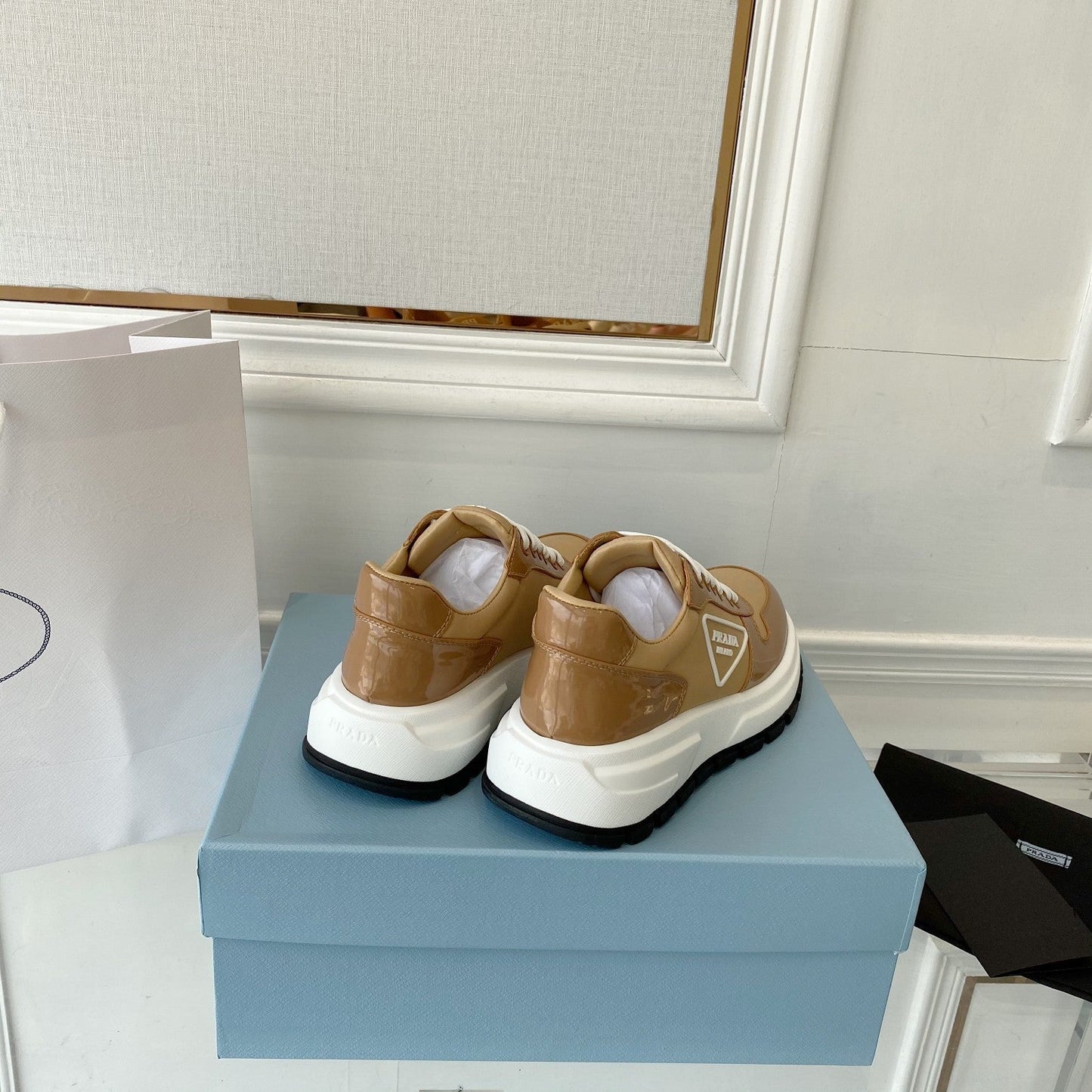 PRADA 25S THICK SOLE SNEAKER IN BROWN CALFSKIN AND CANVAS - 34