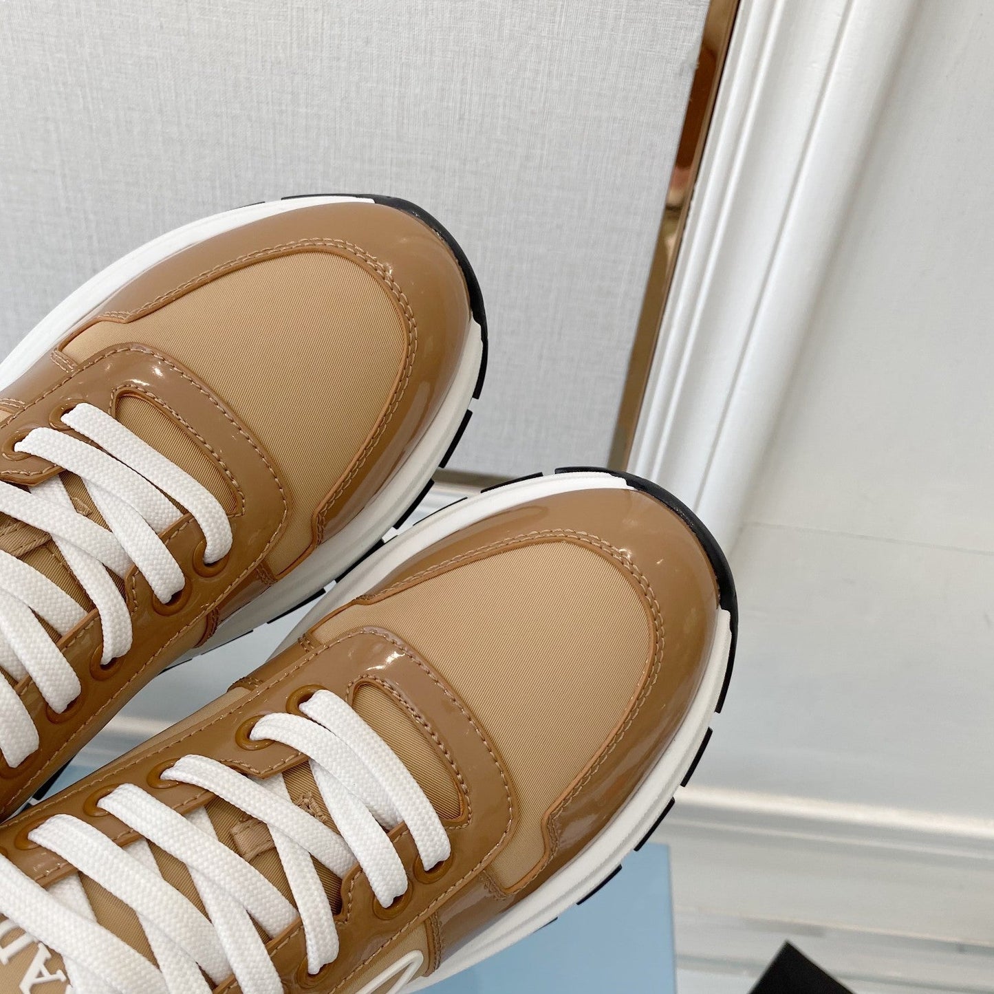 PRADA 25S THICK SOLE SNEAKER IN BROWN CALFSKIN AND CANVAS - 34