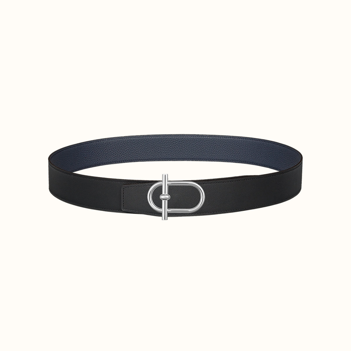 HM ITHAQUE BELT SILVER BUCKLE & REVERSIBLE NAVY BLUE AND BLACK LEATHER STRAP 38MM - 30