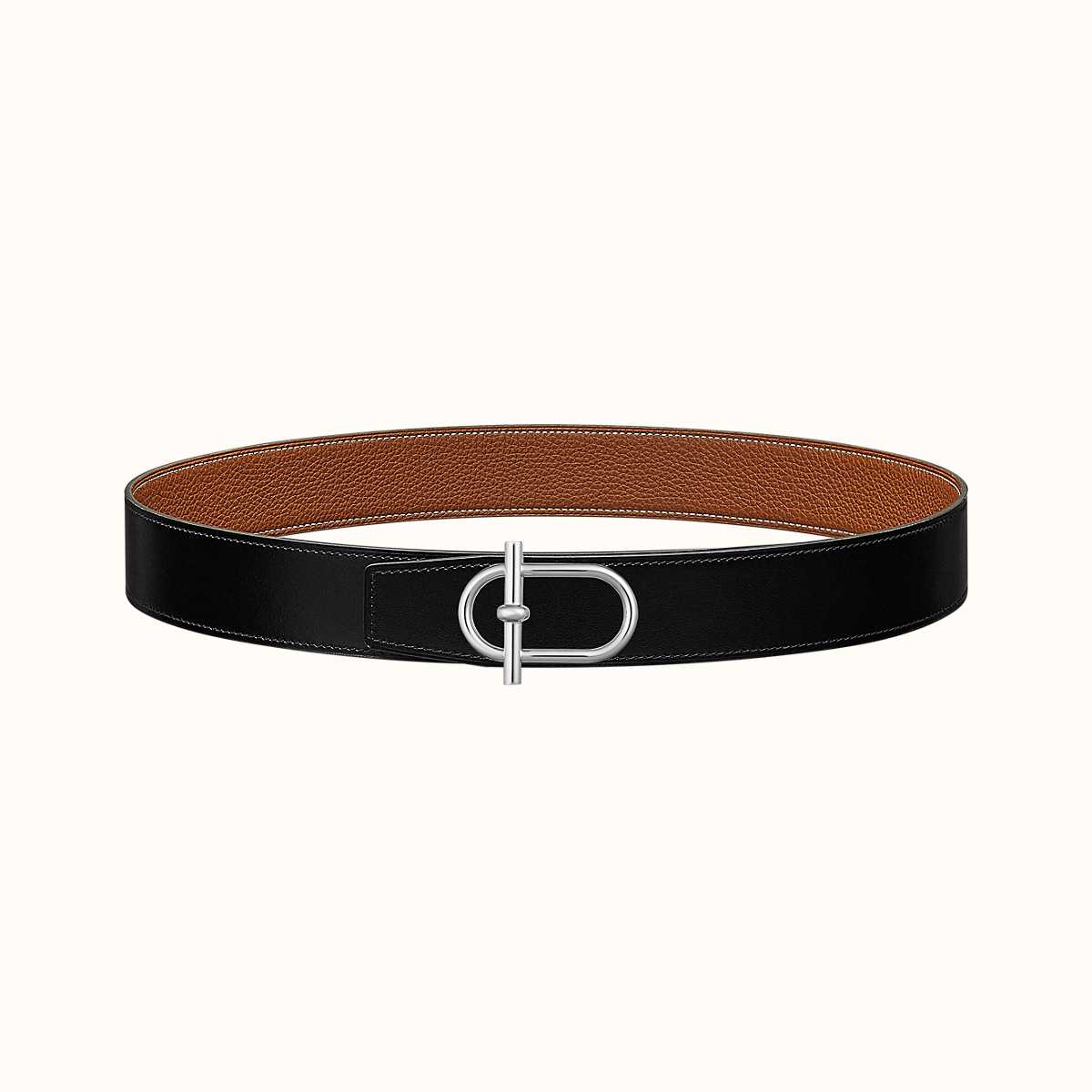 HM ITHAQUE BELT SILVER BUCKLE & REVERSIBLE CINNAMON BROWN AND BLACK LEATHER STRAP 38MM - 30