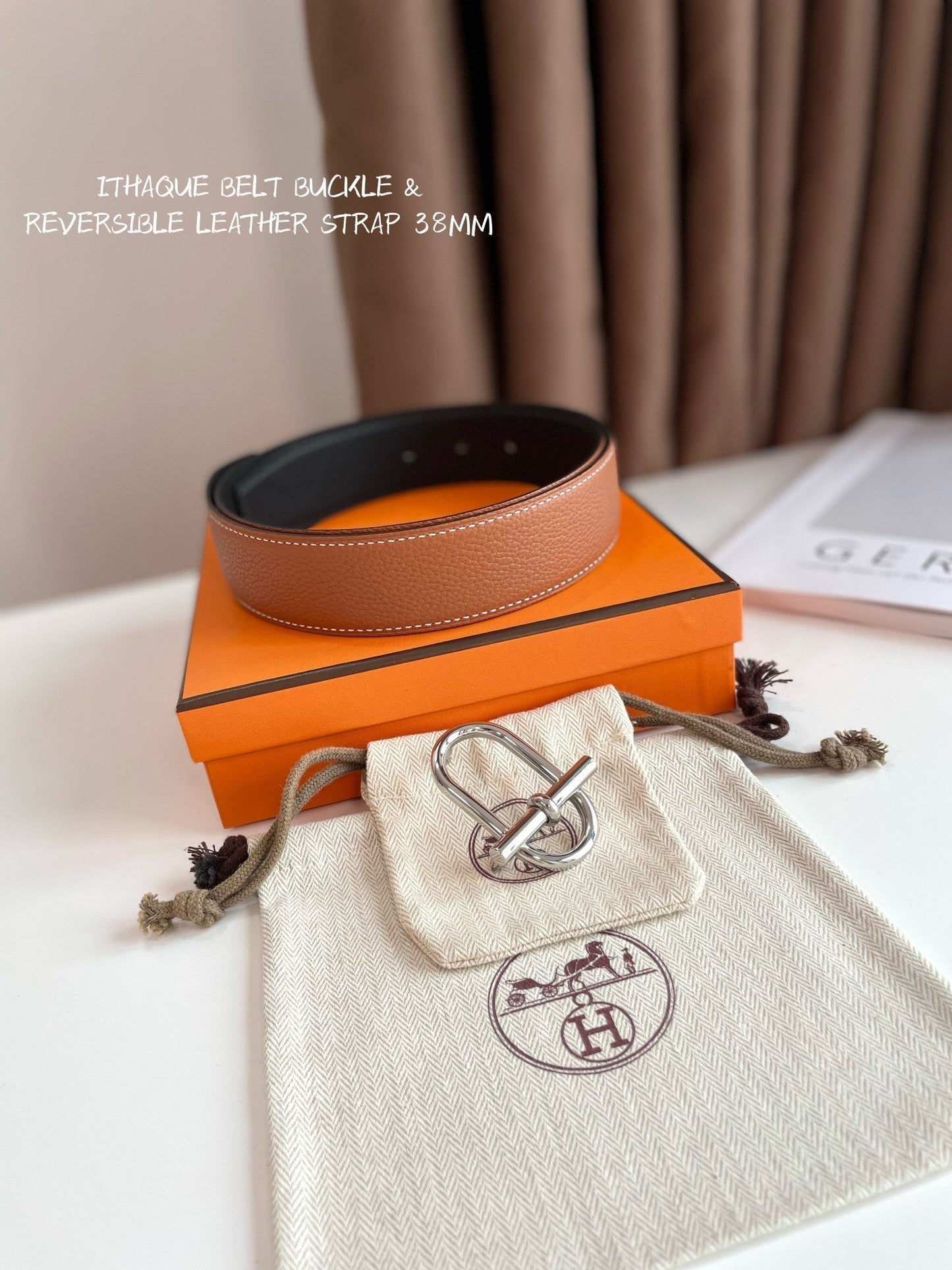 HM ITHAQUE BELT SILVER BUCKLE & REVERSIBLE CINNAMON BROWN AND BLACK LEATHER STRAP 38MM - 30