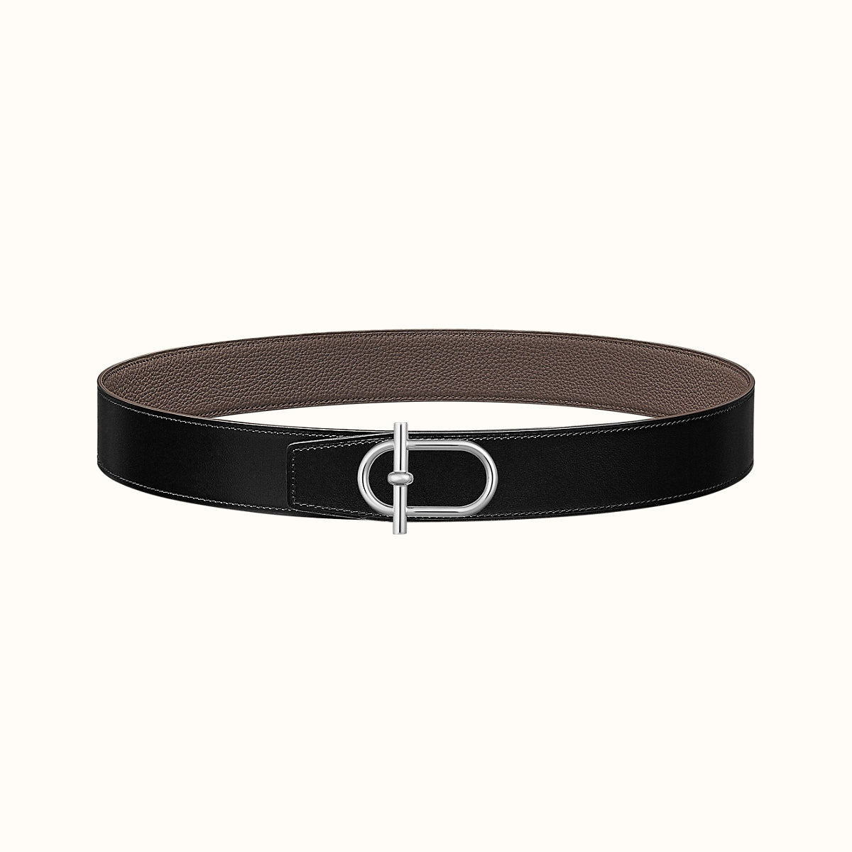 HM ITHAQUE BELT SILVER BUCKLE & REVERSIBLE CAMEL BROWN AND BLACK LEATHER STRAP 38MM - 30