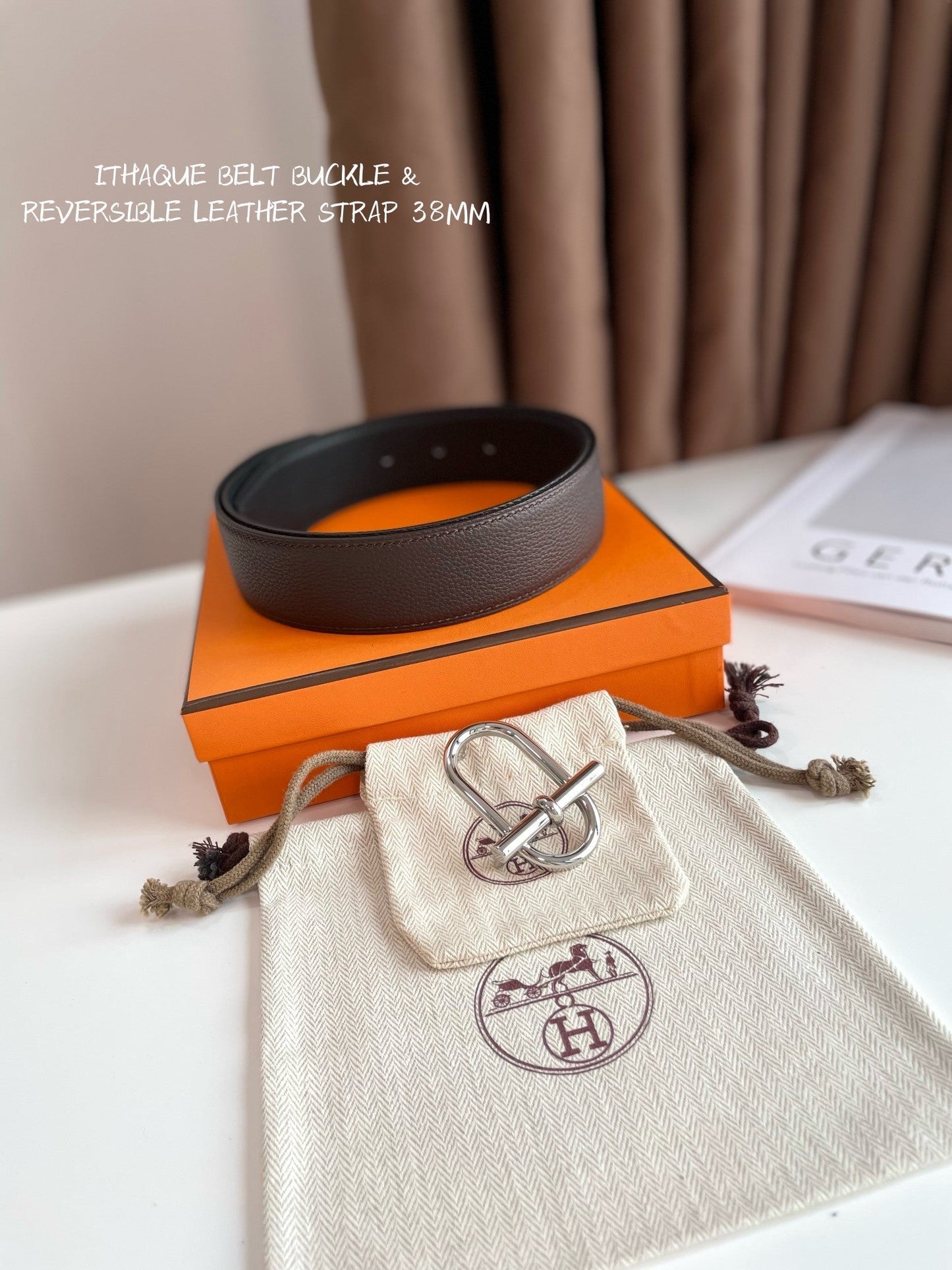 HM ITHAQUE BELT SILVER BUCKLE & REVERSIBLE CHOCOLATE BROWN AND BLACK LEATHER STRAP 38MM - 30