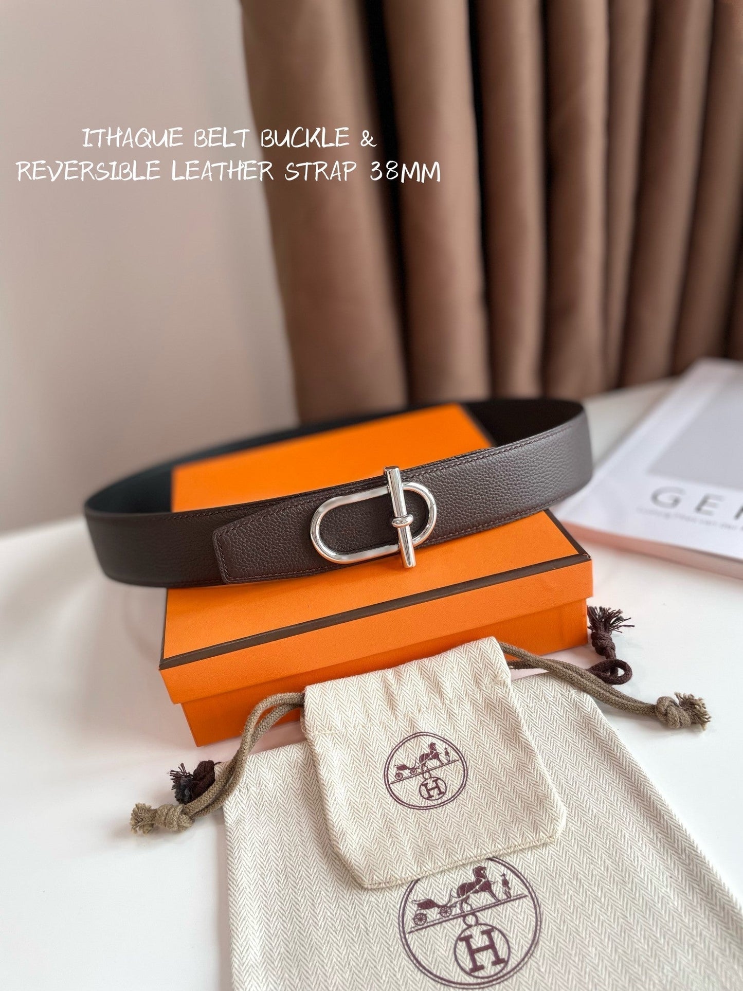 HM ITHAQUE BELT SILVER BUCKLE & REVERSIBLE CHOCOLATE BROWN AND BLACK LEATHER STRAP 38MM - 30