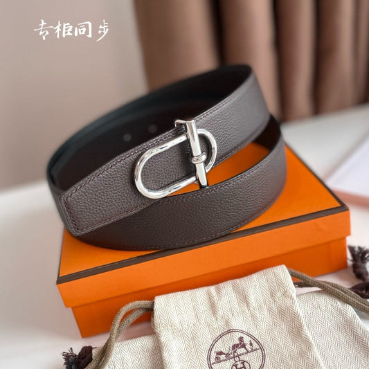 HM ITHAQUE BELT SILVER BUCKLE & REVERSIBLE CHOCOLATE BROWN AND BLACK LEATHER STRAP 38MM - 30