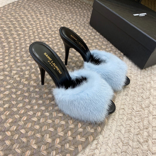 LA 16 HEELED MULES IN SKY BLUE RABBIT FUR AND SMOOTH LAMBSKIN - 34